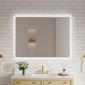 WELLFOR KOLE LED Bathroom Mirror 48-in x 36-in Polished Frameless Rectangle Dimmable LED Lighted Fog Free Bathroom Vanity Mirror ( Silver )