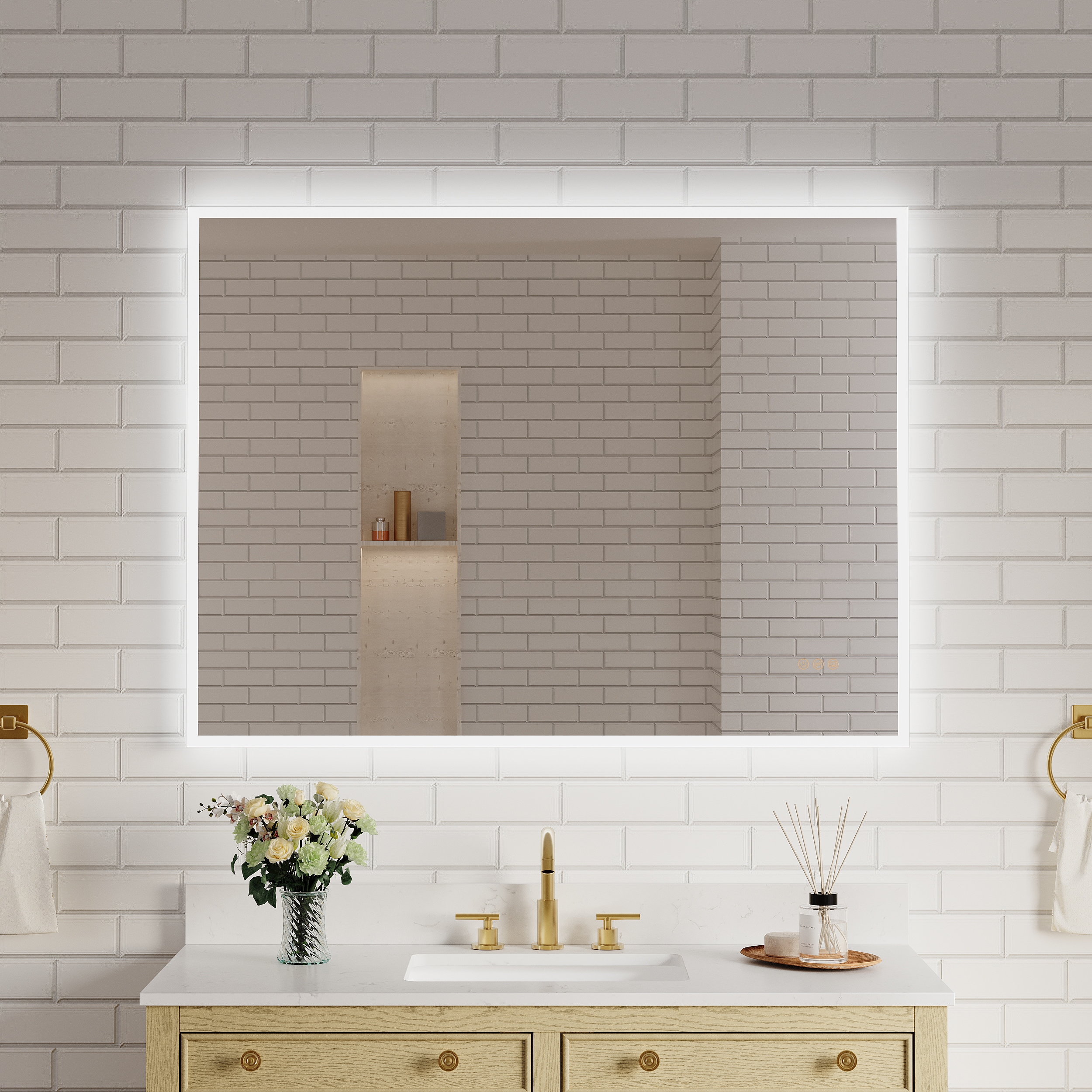 WELLFOR KOLE LED Bathroom Mirror 48-in x 36-in Polished Frameless Rectangle Dimmable LED Lighted Fog Free Bathroom Vanity Mirror ( Silver )