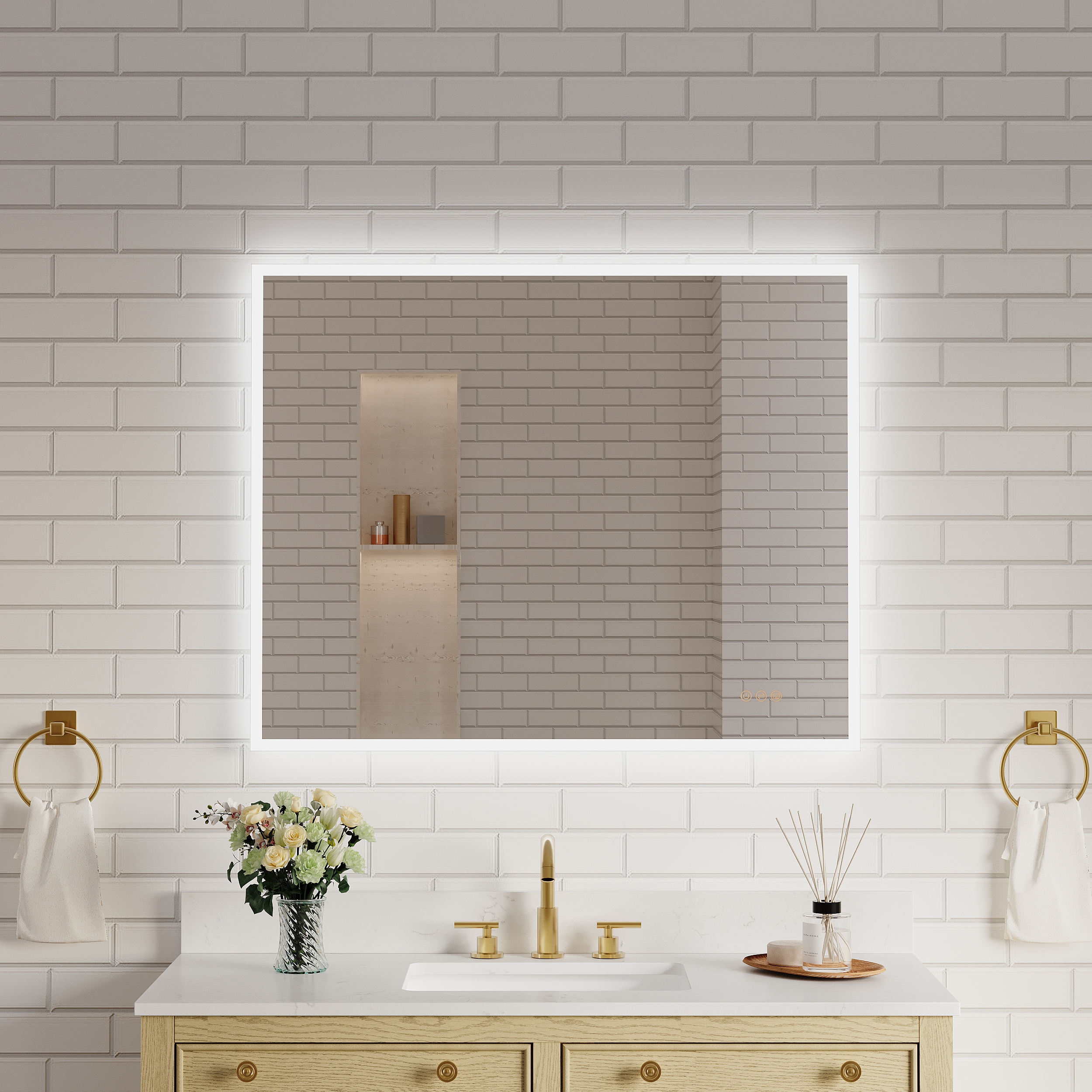 WELLFOR KOLE LED Bathroom Mirror 40-in x 32-in Polished Frameless Rectangle Dimmable LED Lighted Fog Free Bathroom Vanity Mirror ( Silver )