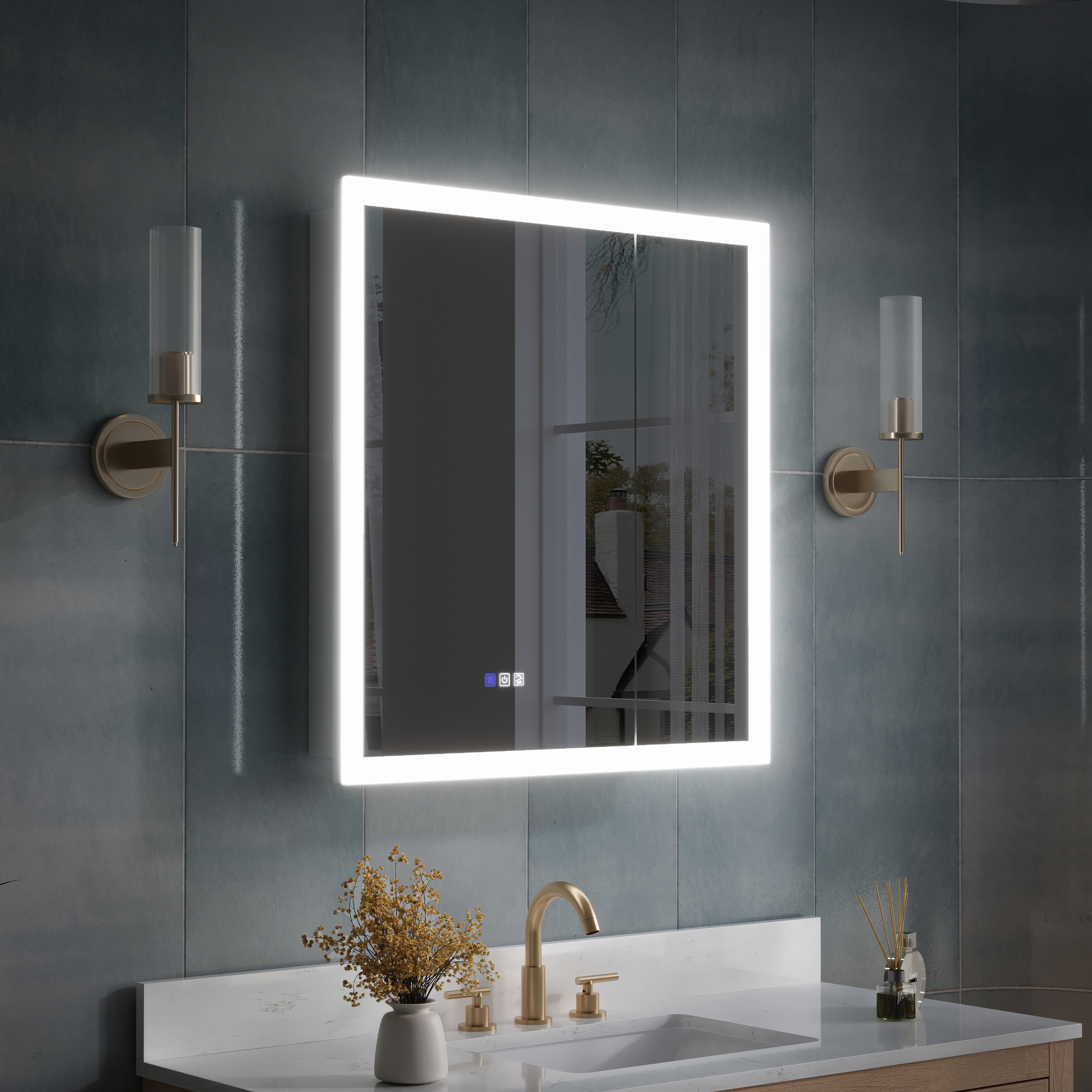 WELLFOR AURORA Medicine Cabinet 30-in x 32-in Lighted LED Fog Free Surface/Recessed Mount Silver Mirrored Rectangle Soft Close Medicine Cabinet