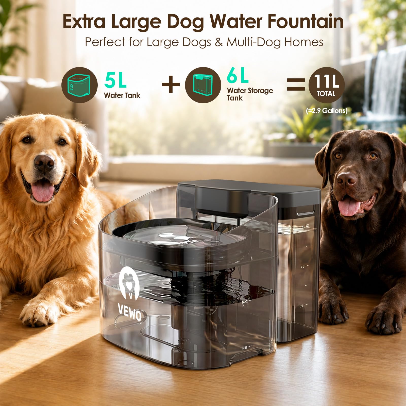 11L/372oz Large Dog Water Fountain, No Spill Automatic Dog Water Bowl Dispenser with Multi-Layer Filtration, Flowing Dog Water Dispenser with Deep Basin, BPA-Free, Ultra Quiet and Easy to Clean - Image 2