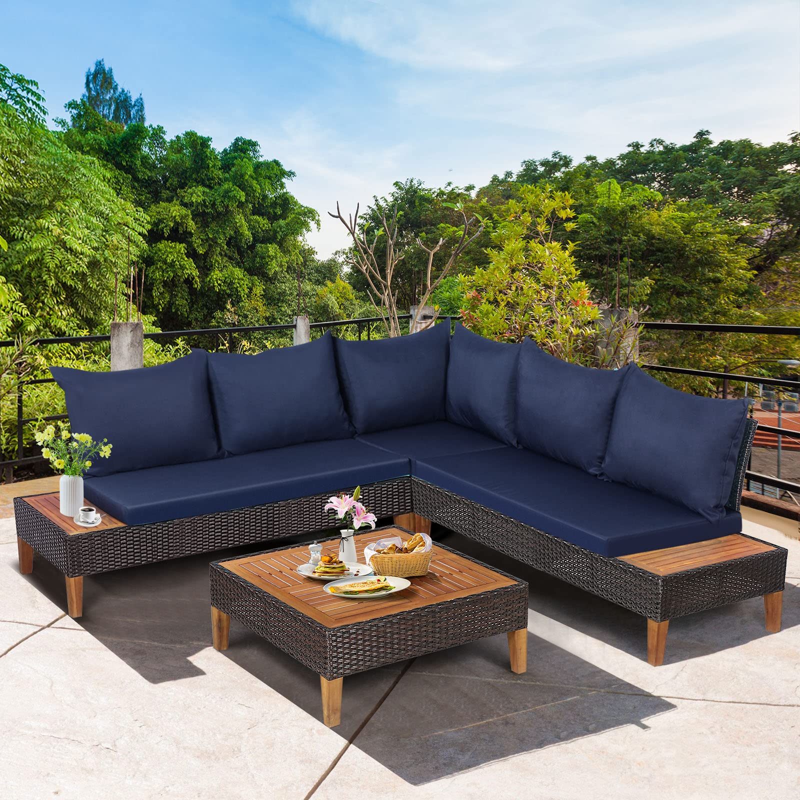 4 Pieces Acacia Wood Patio Conversation Set, Sofa Set with Coffee Table, Corner Sofa & 2 Loveseats - Image 4