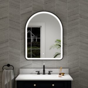 WELLFOR BONIE 28-in x 36-in Framed Arch Dimmable LED Lighted Fog Free Bathroom Vanity Mirror ( Matte Black )