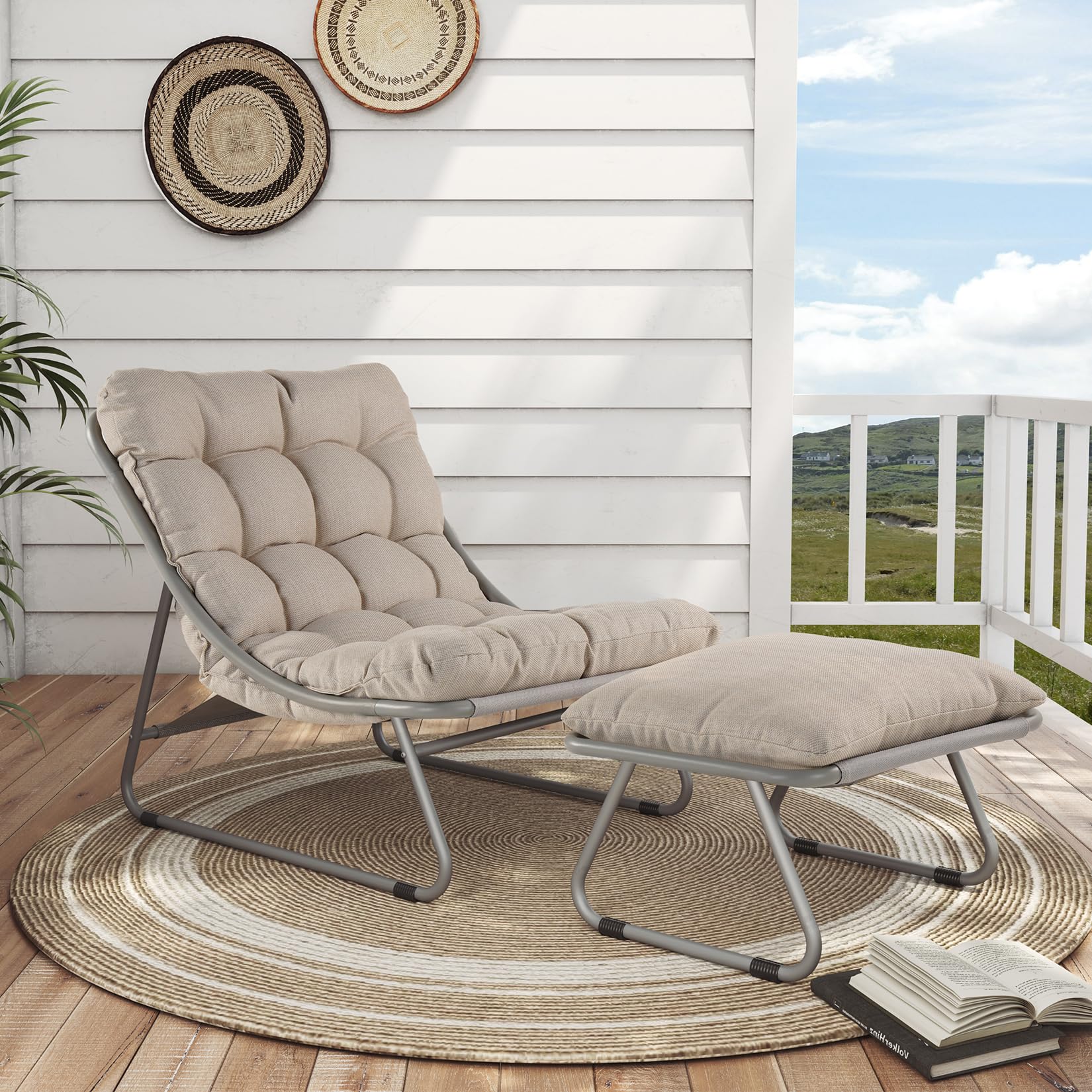 Upland Lounge Chair Champagne Gray Metal Frame Glider Chaise Lounge Chair with Light gray Cushioned Seat
