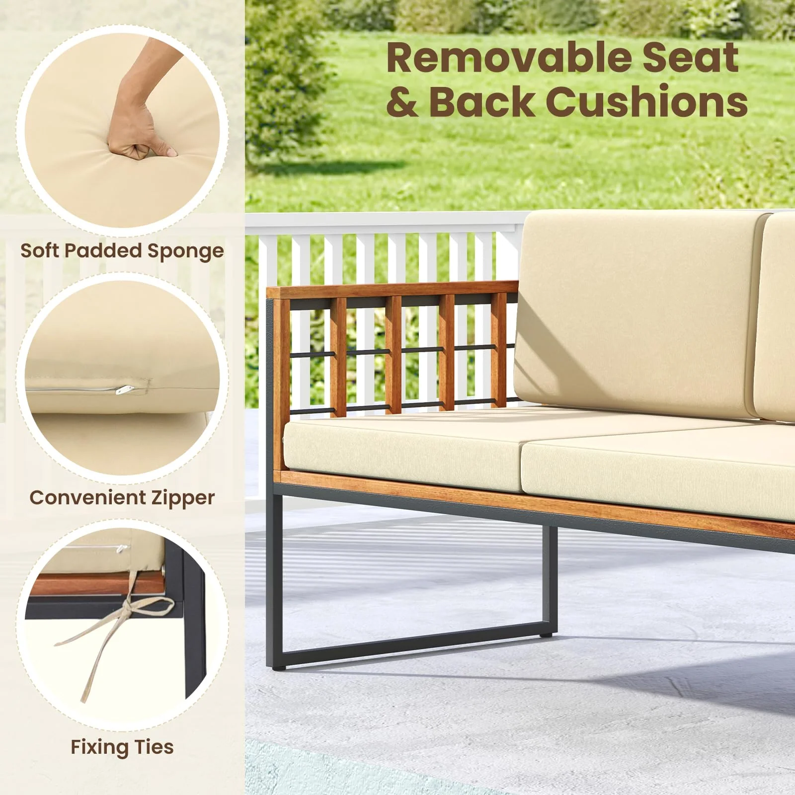Tangkula Acacia Wood Outdoor Sofa Set, 4 Pieces Outdoor Furniture Set with Heavy Duty Metal Frame - Image 6