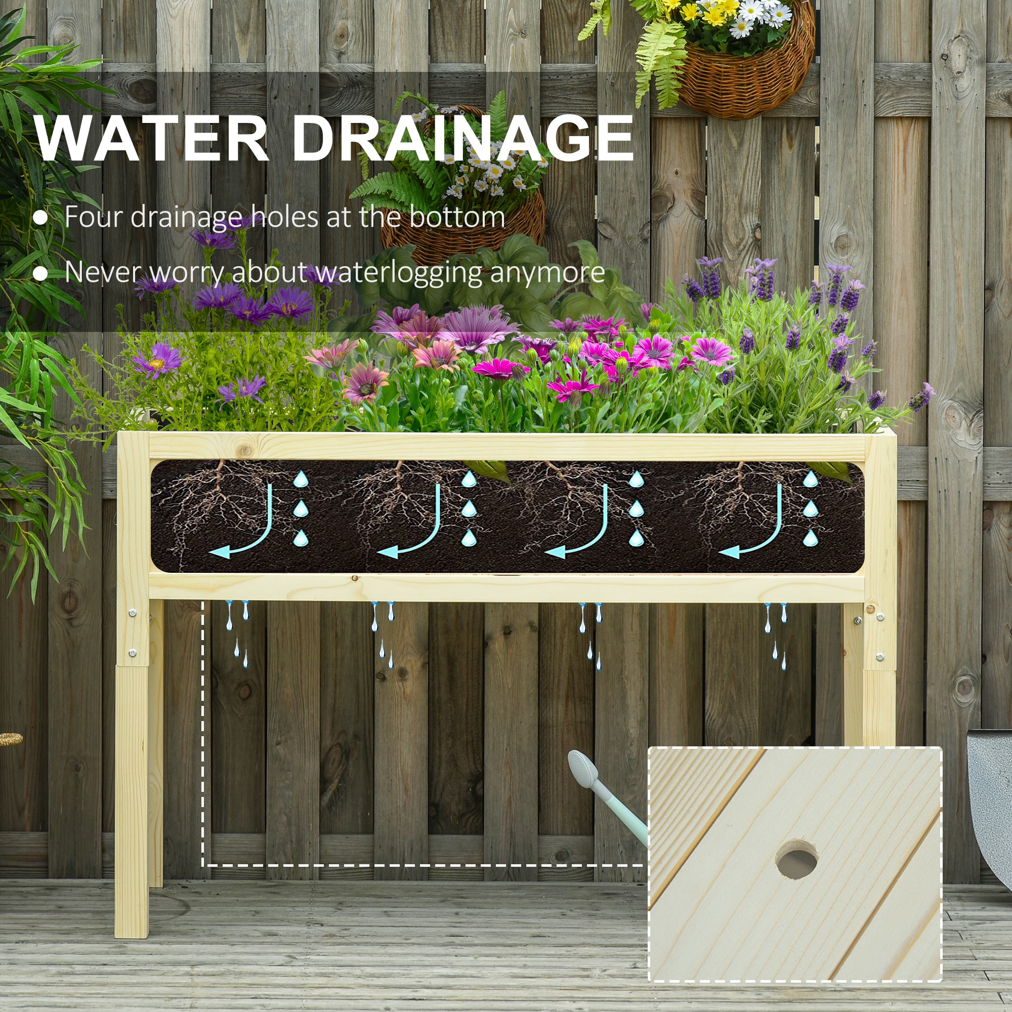 Outsunny Raised Garden Bed Elevated Wooden Planter Box with Space-Saving Folding Design Drainage Holes Inner Liner for Vegetable Fruit Herb Grow - Image 5