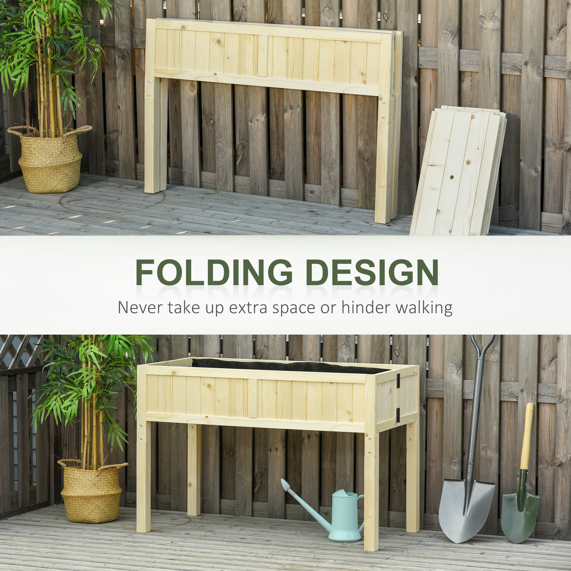 Outsunny Raised Garden Bed Elevated Wooden Planter Box with Space-Saving Folding Design Drainage Holes Inner Liner for Vegetable Fruit Herb Grow - Image 4