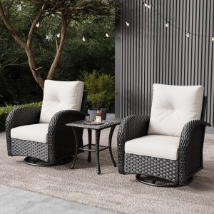 LayinSun  3 -Piece Outdoor Rattan Patio Conversation Set with Beige Cushions