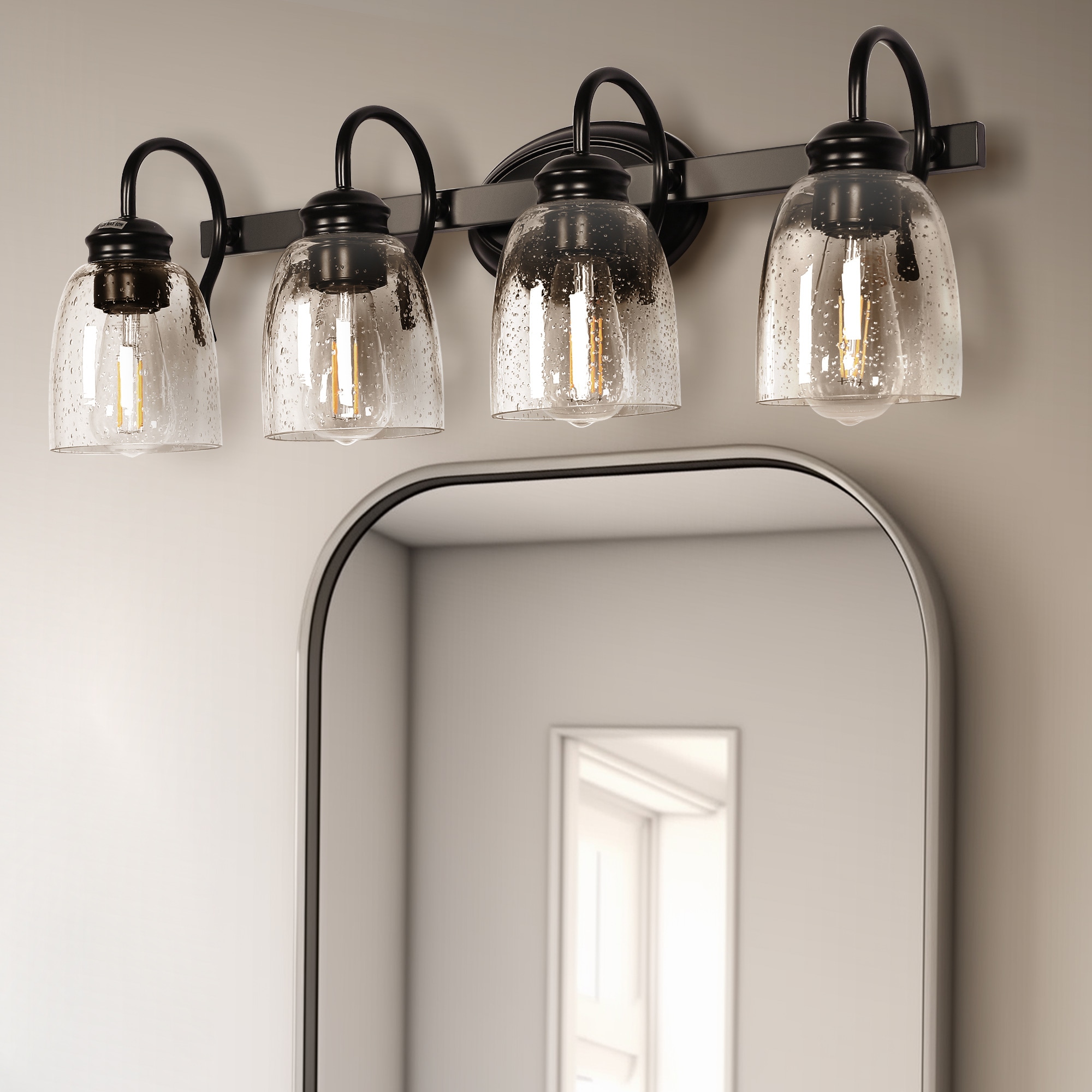 DORESshop 25.2 inch 4 Light Matte Black Modern Bathroom Vanity Light Mirror Wall Light with Black Accents and Seeded Glass Shade
