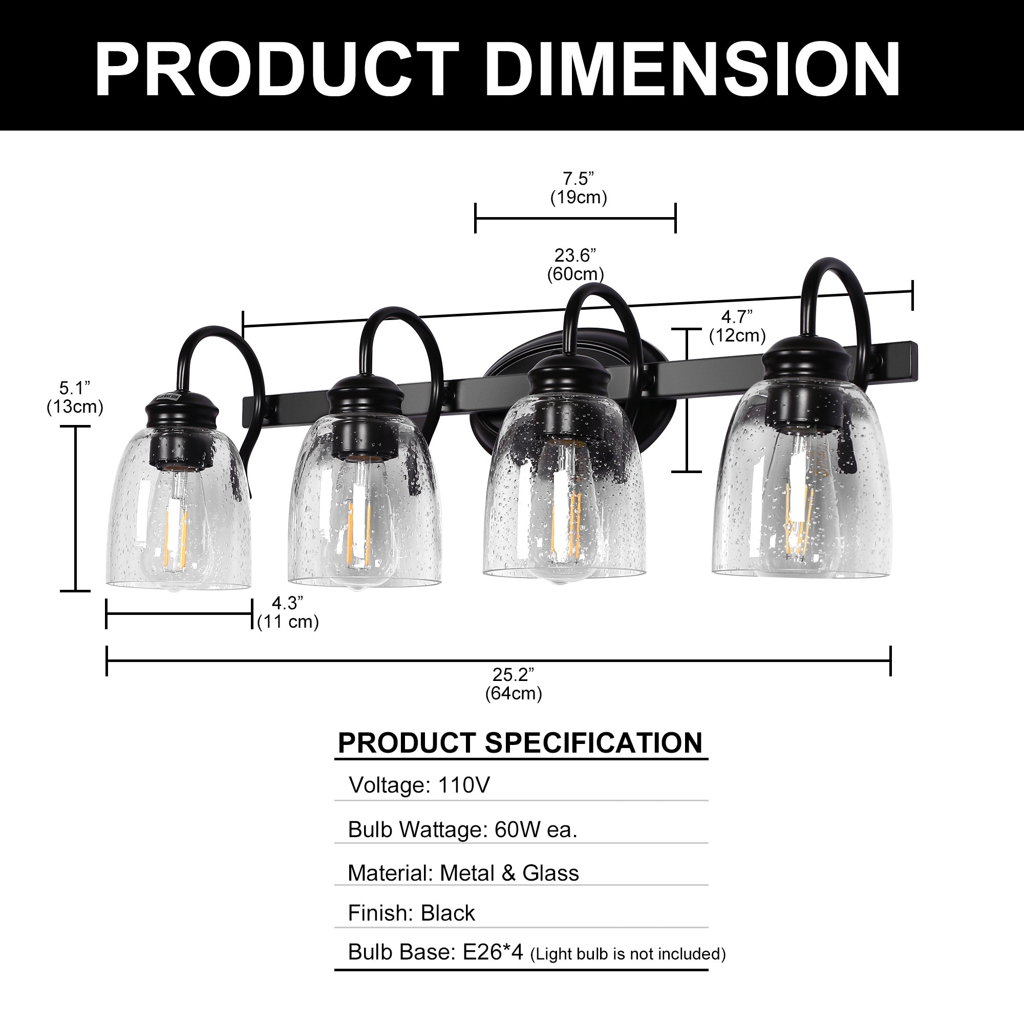 DORESshop 25.2 inch 4 Light Matte Black Modern Bathroom Vanity Light Mirror Wall Light with Black Accents and Seeded Glass Shade - Image 4