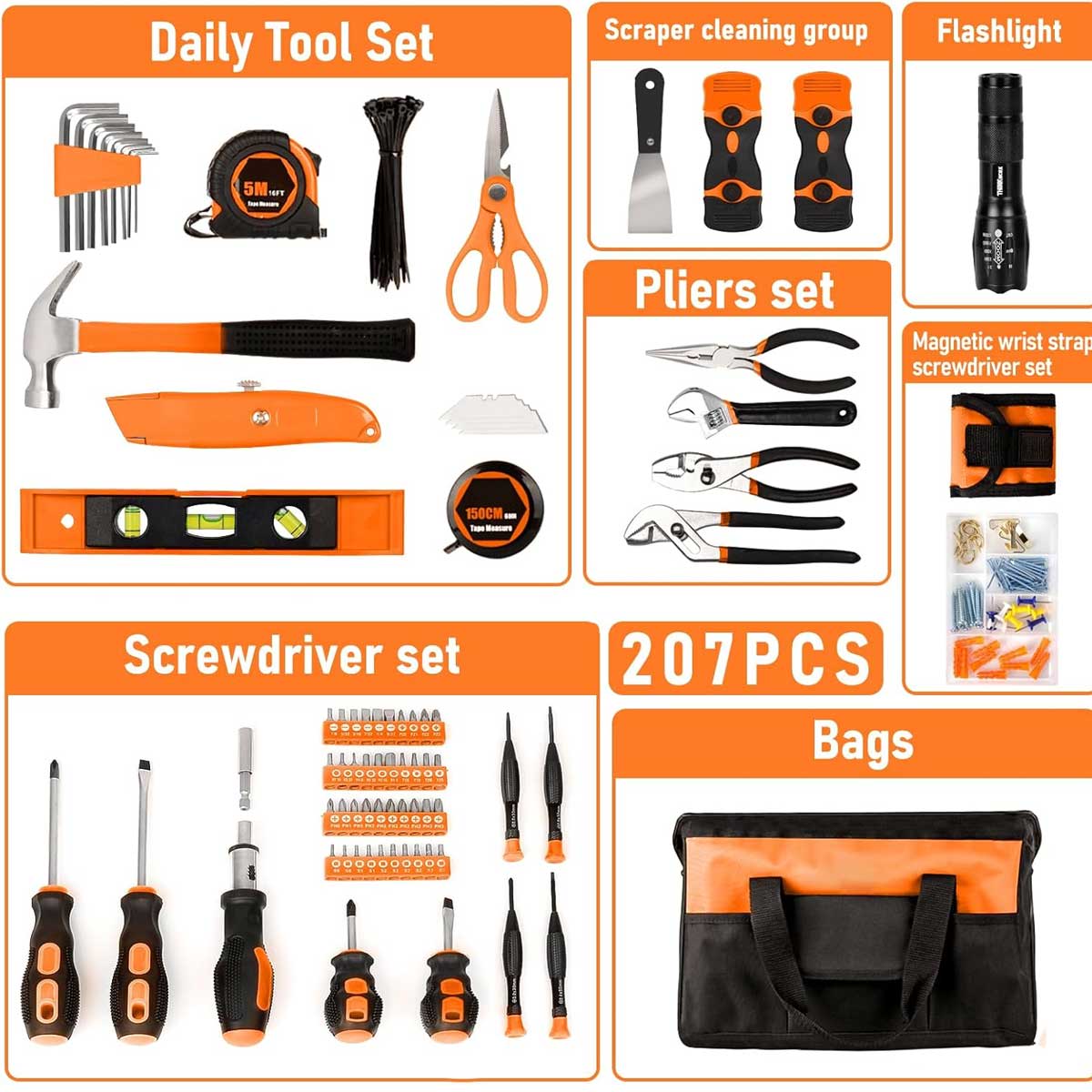Aoibox 207 Piece Portable Home Repair Tool Kit with 13 Inch Wide Mouth Storage Bag Ideal for DIY Home Maintenance and Handyman Gifts - Image 2