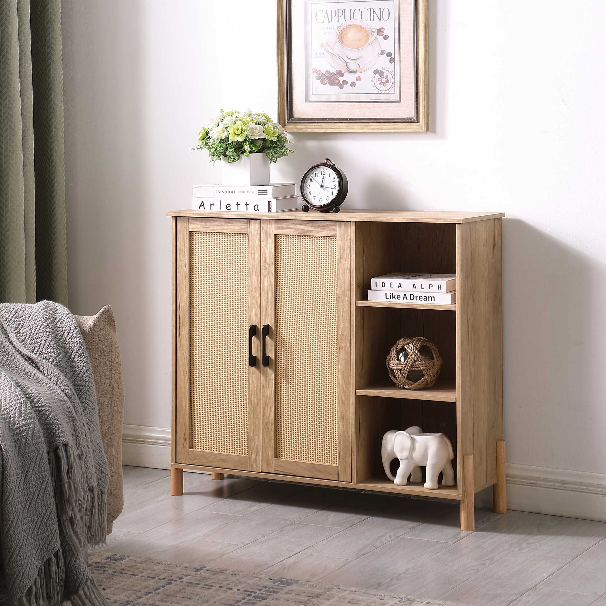 Vynxaria Mid Century Modern Storage Cabinet with Woven Rattan Doors Open Shelves Adjustable Shelves for Living Room Dining Room - Image 3