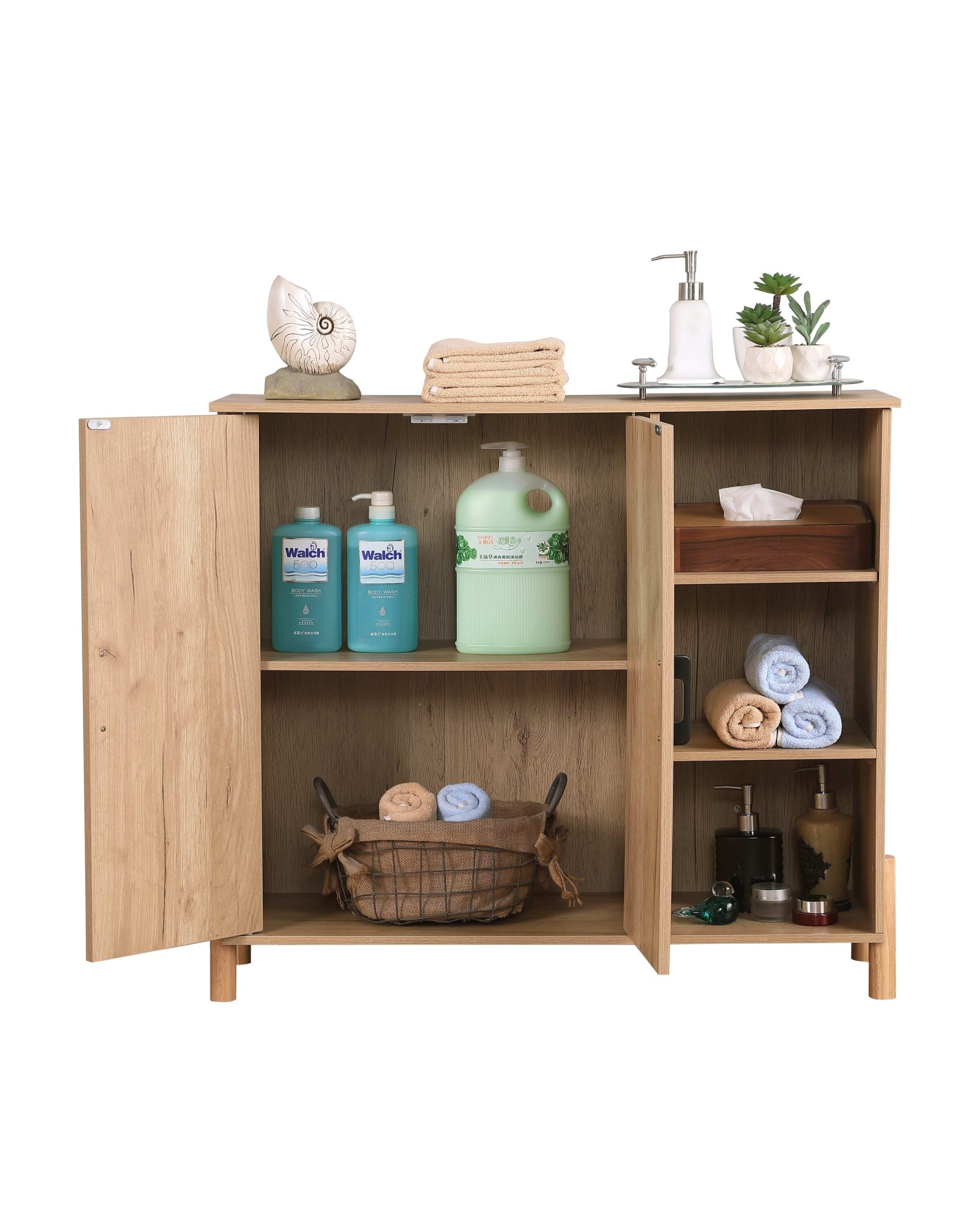 Vynxaria Mid Century Modern Storage Cabinet with Woven Rattan Doors Open Shelves Adjustable Shelves for Living Room Dining Room - Image 4