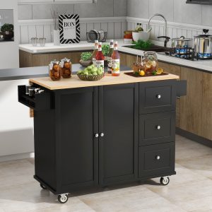 Tatayosi Rolling Mobile Kitchen Island with Solid Wood Top and Locking Wheels Storage Cabinet and Drop Leaf Breakfast BarSpice Rack Towel Rack  Drawer (Black)