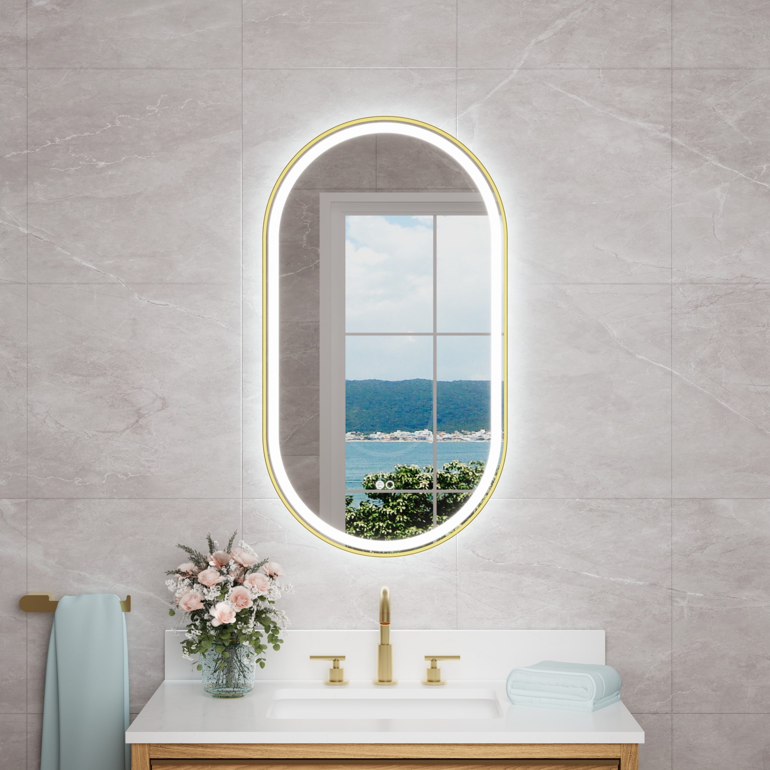 CALVON B16 20-in x 36-in Framed Oval Dimmable LED Lighted Fog Free Bathroom Vanity Mirror ( Gold )