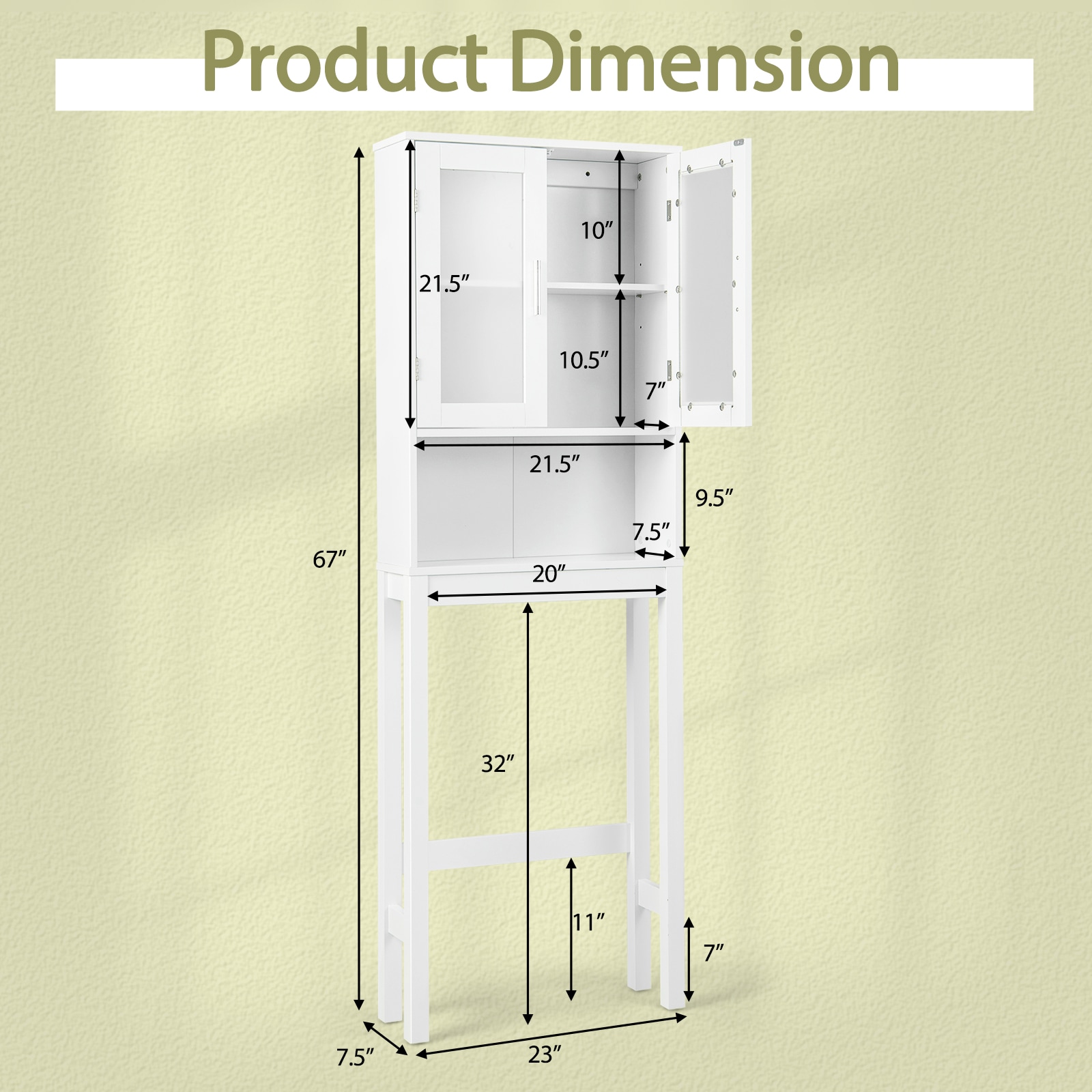 Slickblue Tall Bathroom Storage Rack with Glass Doors and Convenient Open Shelf - 7.5x67x23 White 2-Shelf Over-the-Toilet Storage – Bathroom Powder Room or Laundry Area - Image 6