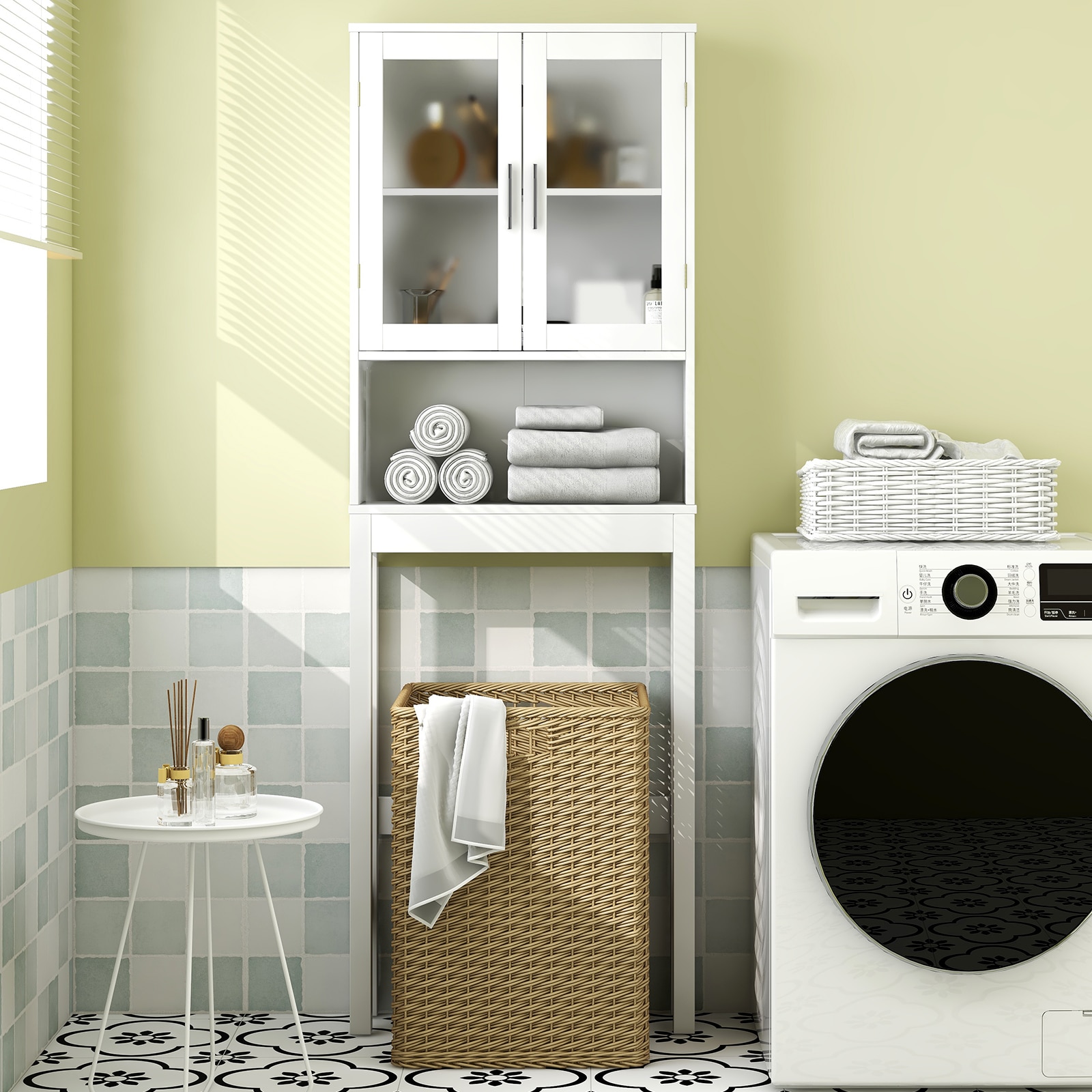 Slickblue Tall Bathroom Storage Rack with Glass Doors and Convenient Open Shelf - 7.5x67x23 White 2-Shelf Over-the-Toilet Storage – Bathroom Powder Room or Laundry Area - Image 8