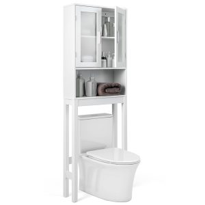 Slickblue Tall Bathroom Storage Rack with Glass Doors and Convenient Open Shelf - 7.5x67x23 White 2-Shelf Over-the-Toilet Storage &ndash; Bathroom Powder Room or Laundry Area