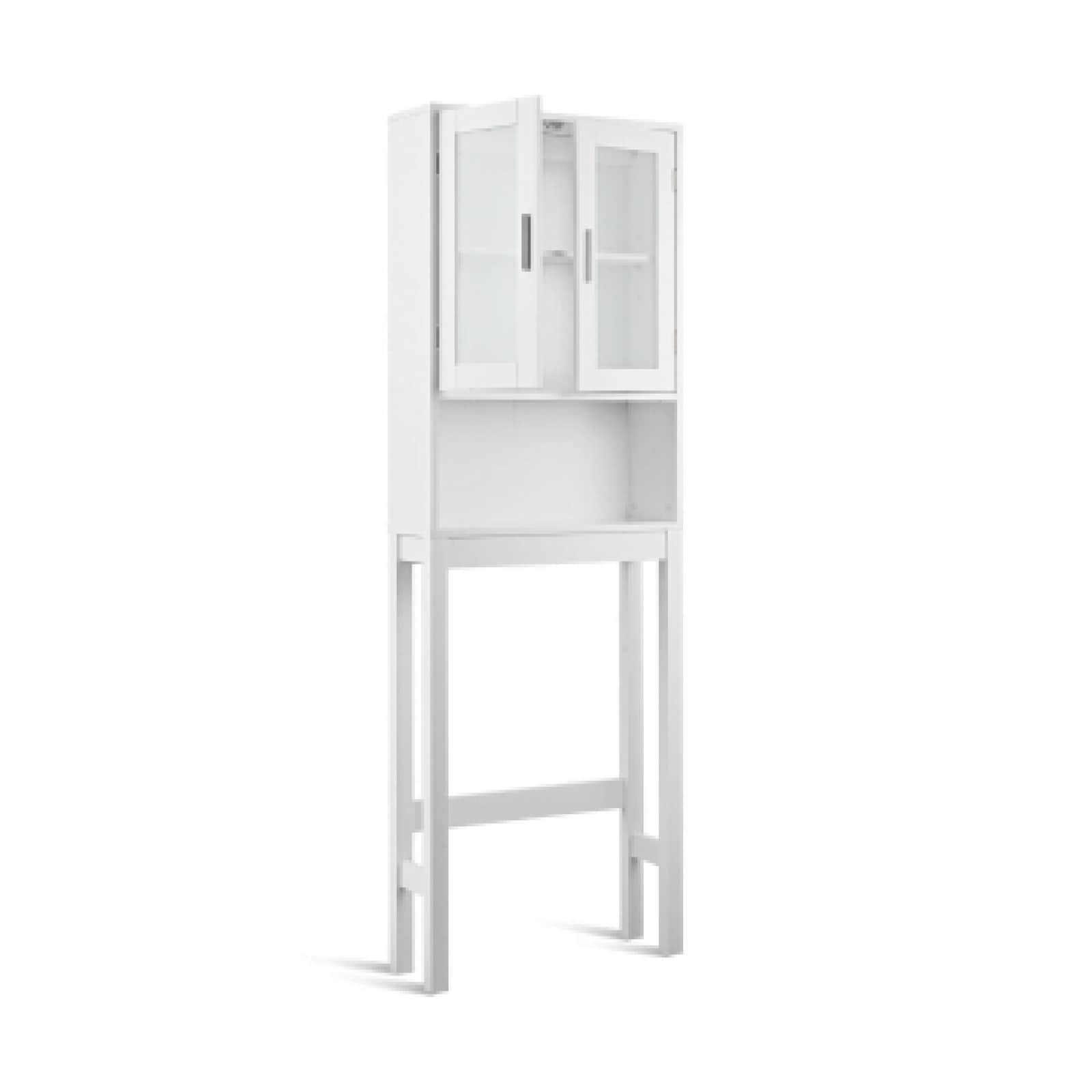 Slickblue Tall Bathroom Storage Rack with Glass Doors and Convenient Open Shelf - 7.5x67x23 White 2-Shelf Over-the-Toilet Storage – Bathroom Powder Room or Laundry Area - Image 3