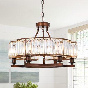 EFPERFECT 24-Inch Rustic Round Crystal Flush Mount with 6 Lights Brown Chandelier Adjustable for Dining Living Room and Foyer