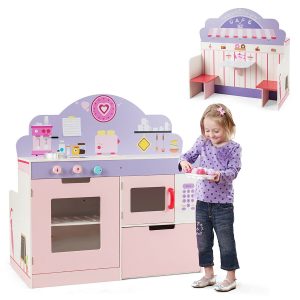 Costway  2 in 1 Kids Play Kitchen and Cafe Restaurant Wooden Pretend Cooking Playset Toy