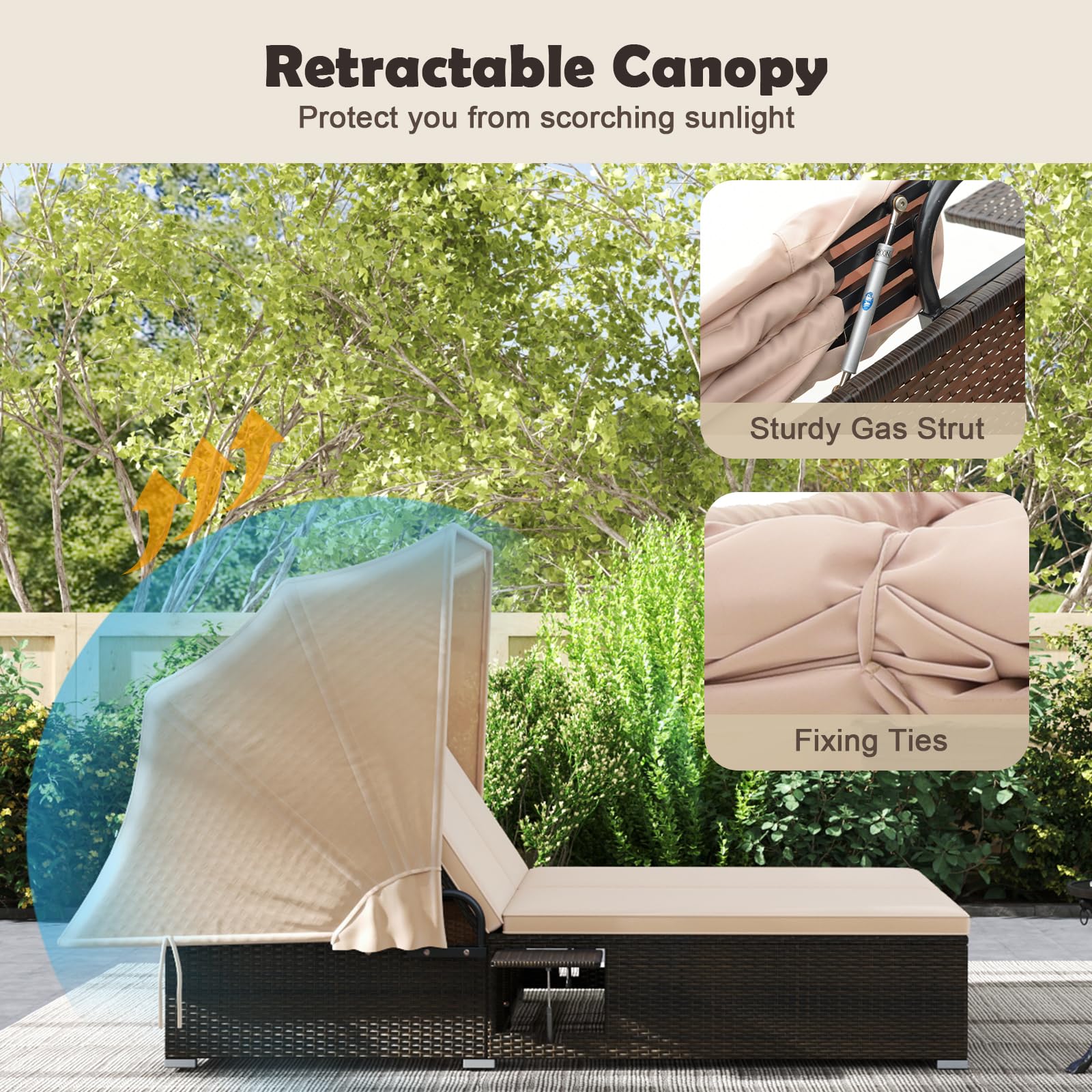 Tangkula Patio Double Chaise Lounge with Shade, Patiojoy 6-Level Adjustable Wicker Recliner Bed - Image 5