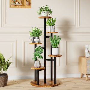 Vecelo 5 Tier Plant Stand Indoor Outdoor Tall Metal Wood Flower Shelf for Multiple Plants