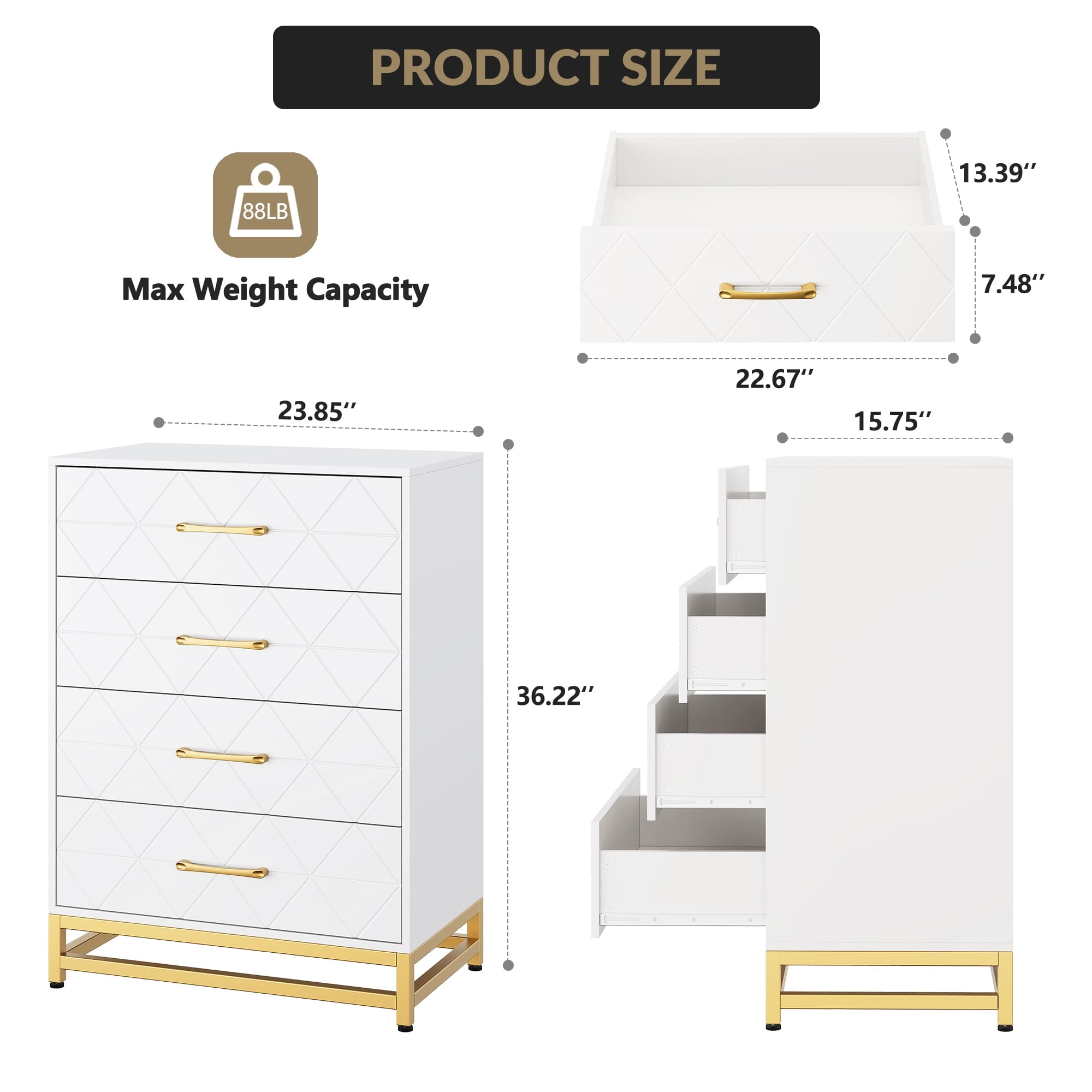 Garvee Storage Cabinet 4 Drawer Triangle Pattern Chest - MDF + PB + Iron White Compact Storage for Bedroom Living Room or Office - Image 3