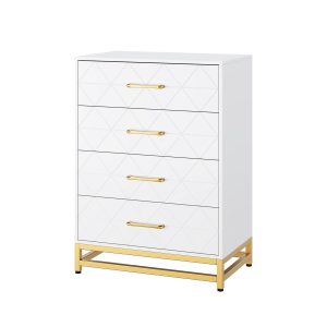 Garvee Storage Cabinet  4 Drawer Triangle Pattern Chest - MDF + PB + Iron  White  Compact Storage for Bedroom  Living Room  or Office