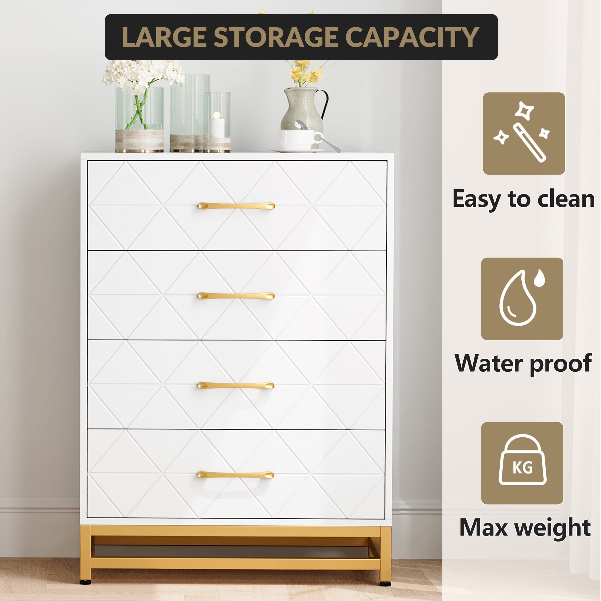 Garvee Storage Cabinet 4 Drawer Triangle Pattern Chest - MDF + PB + Iron White Compact Storage for Bedroom Living Room or Office - Image 4