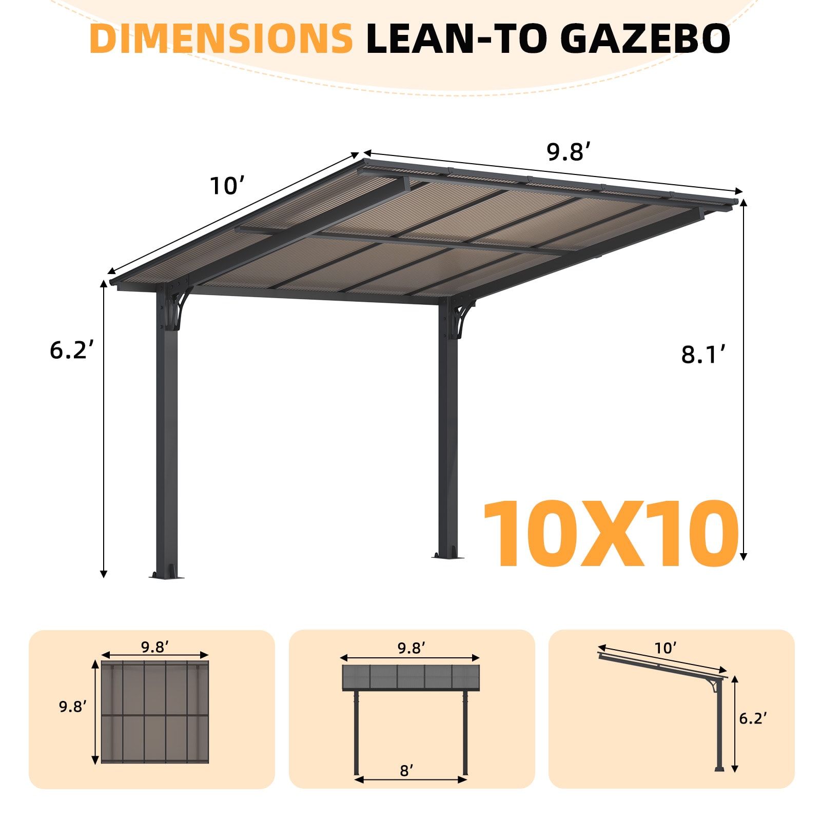 AECOJOY 10' x 10' Free Standing Lean to Gazebo Pergola with Patio Roof - Image 5