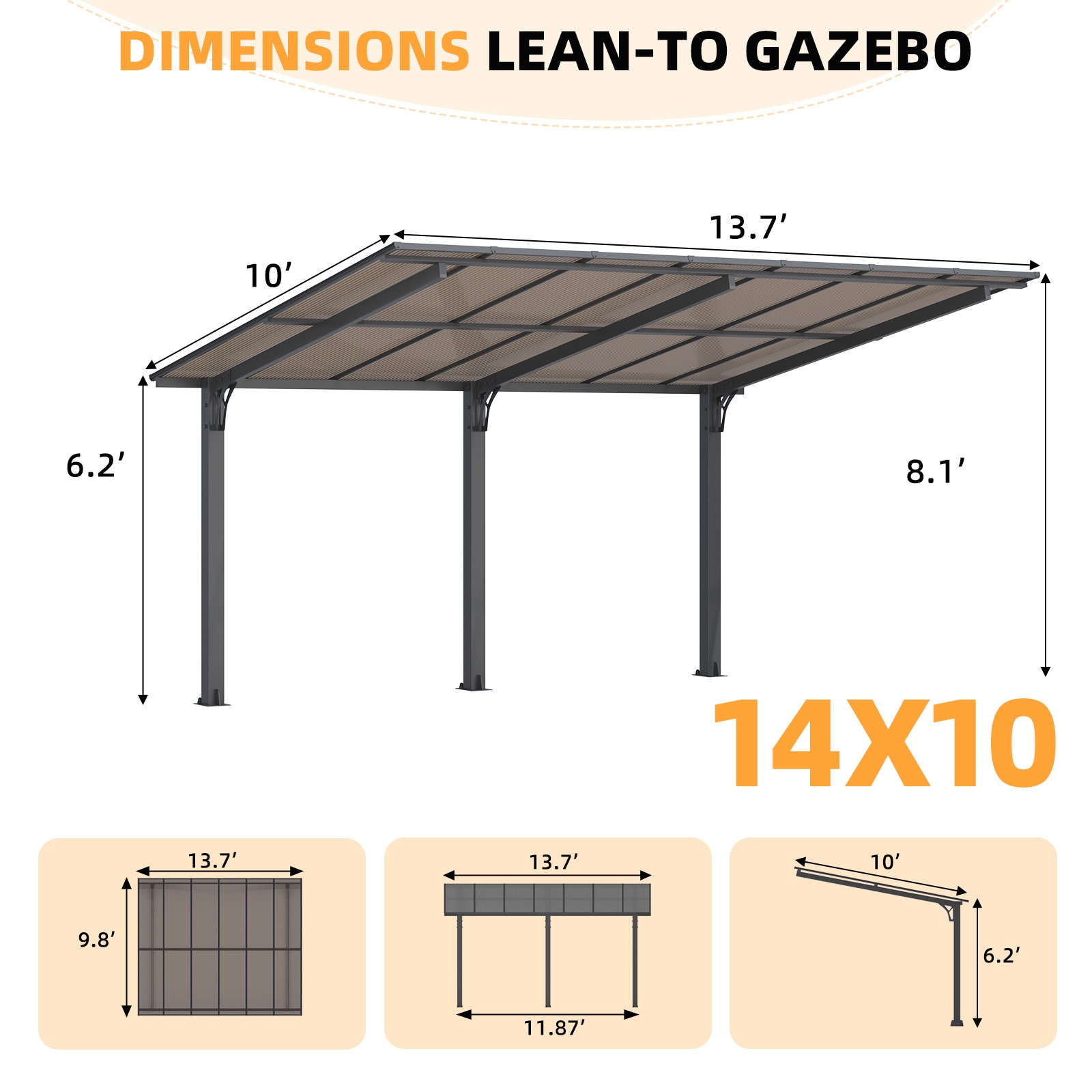 AECOJOY 14' x 10' Free Standing Lean to Gazebo Pergola with Patio Roof - Image 5