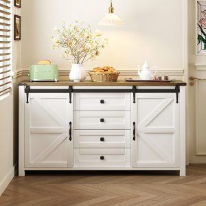 ModernLuxe Assembly Required 55.1Inch Sideboard with StorageFarmhouse Storage Cabinet with Sliding Barn Doors and 4 Drawers Wood Buffet Table with Power Outlet