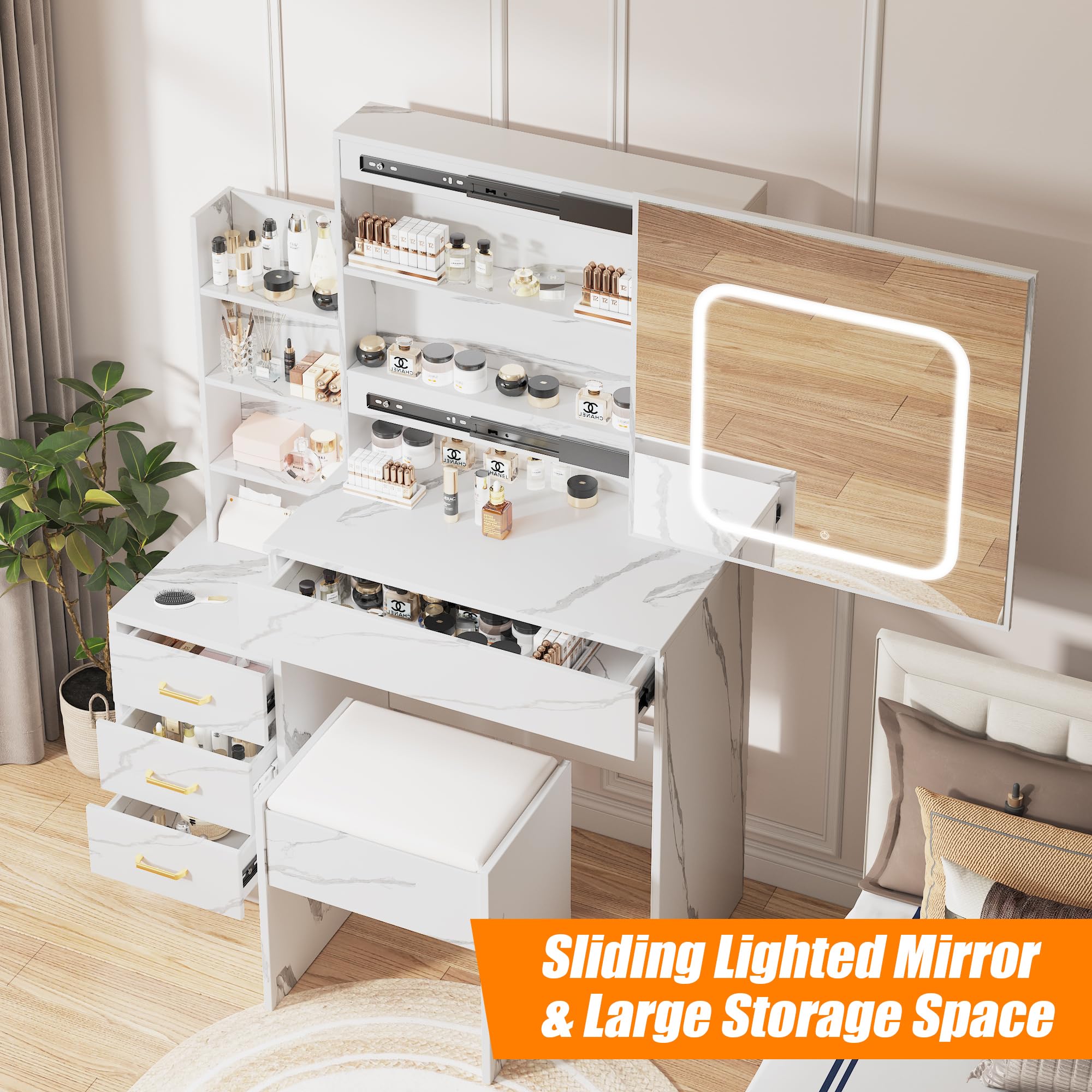 Garvee Vanity Desk With Sliding Mirror And LED Lights Makeup Dressing Table With Four Drawers Storage Shelves Power Outlet And Stool Three Color Adjustable Light For Bedroom Use