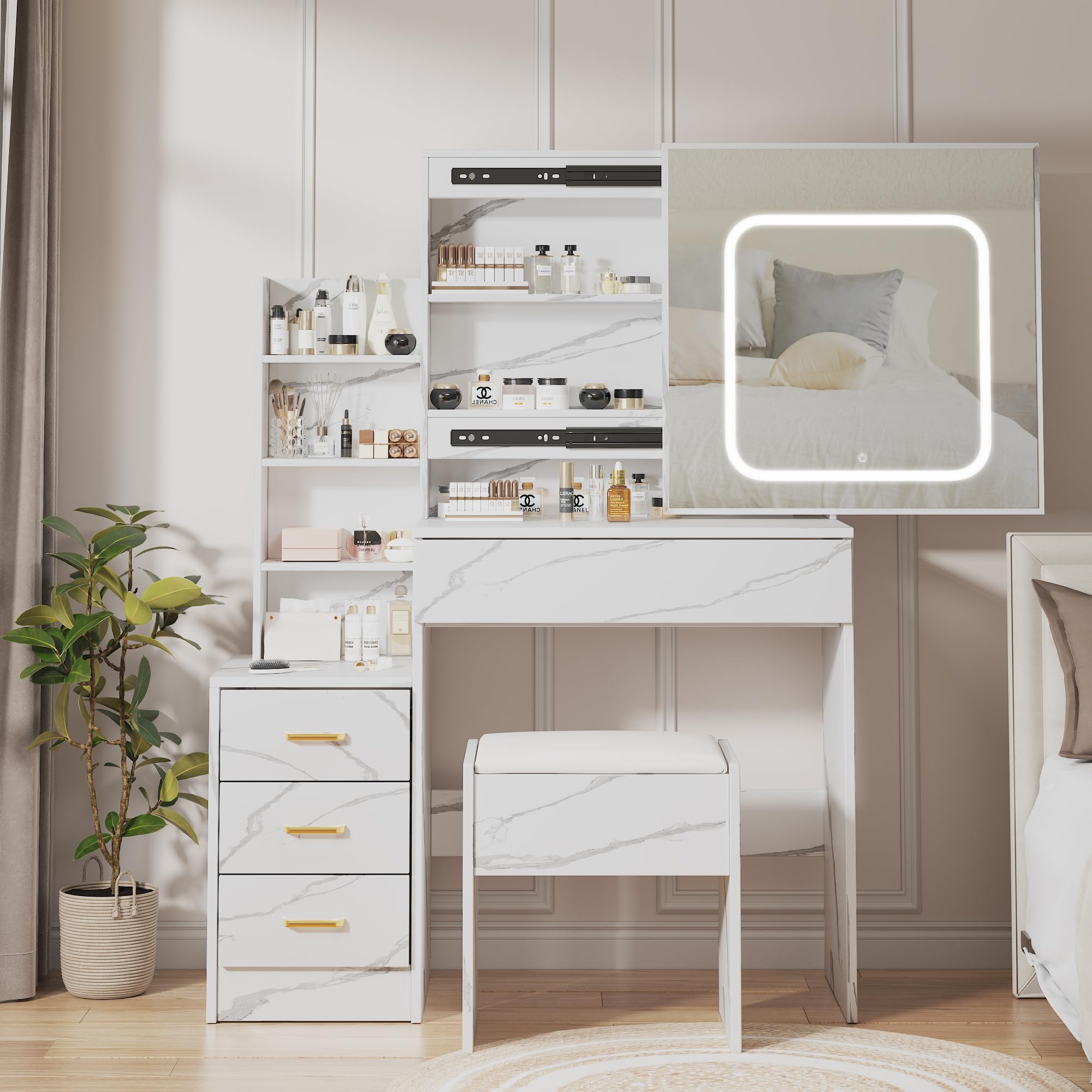 Garvee Vanity Desk With Sliding Mirror And LED Lights Makeup Dressing Table With Four Drawers Storage Shelves Power Outlet And Stool Three Color Adjustable Light For Bedroom Use - Image 4
