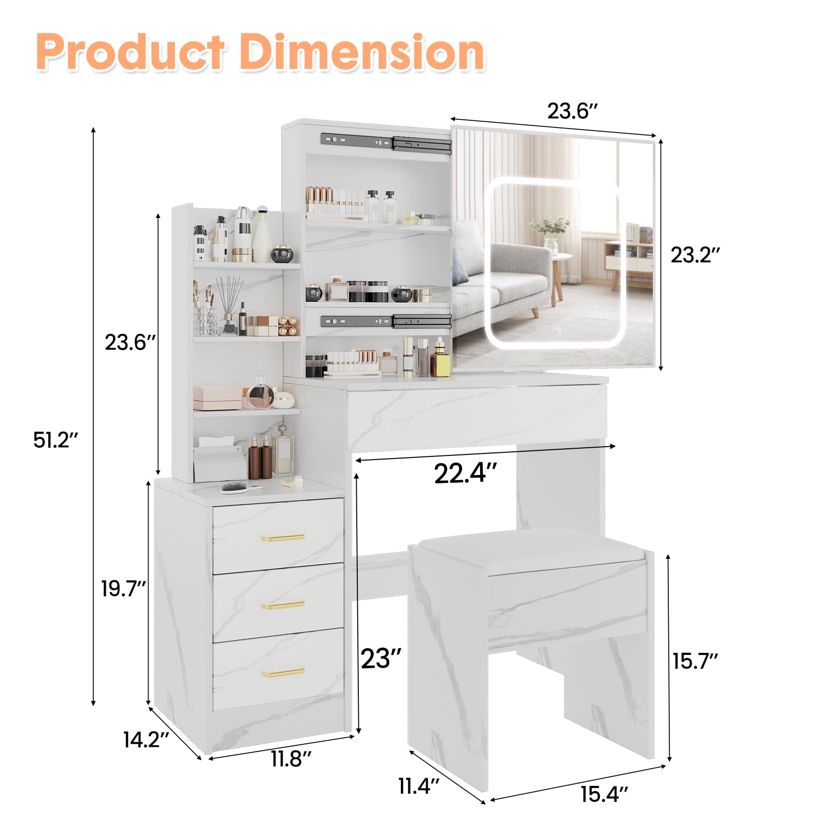 Garvee Vanity Desk With Sliding Mirror And LED Lights Makeup Dressing Table With Four Drawers Storage Shelves Power Outlet And Stool Three Color Adjustable Light For Bedroom Use - Image 8