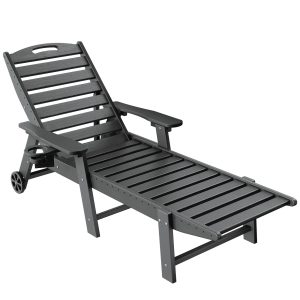 Upland Lounge Chair Ourdoor with 6-Position Adjustable Back, HDPE Patio Chaise with Wheels and Cup Holder Grey HDPE Frame Stationary Chaise Lounge Chair with Woven Seat