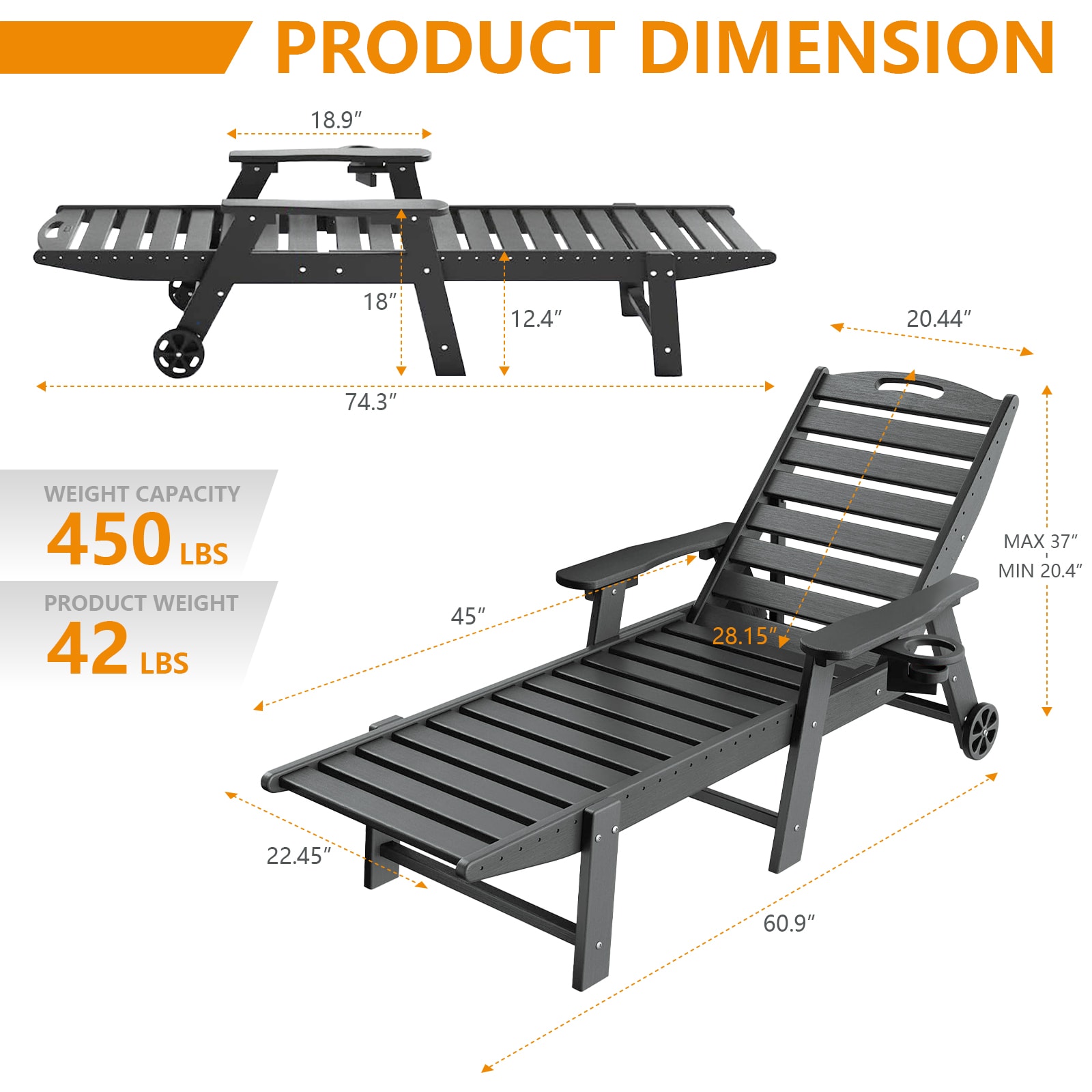 Upland Lounge Chair Ourdoor with 6-Position Adjustable Back, HDPE Patio Chaise with Wheels and Cup Holder Grey HDPE Frame Stationary Chaise Lounge Chair with Woven Seat - Image 4