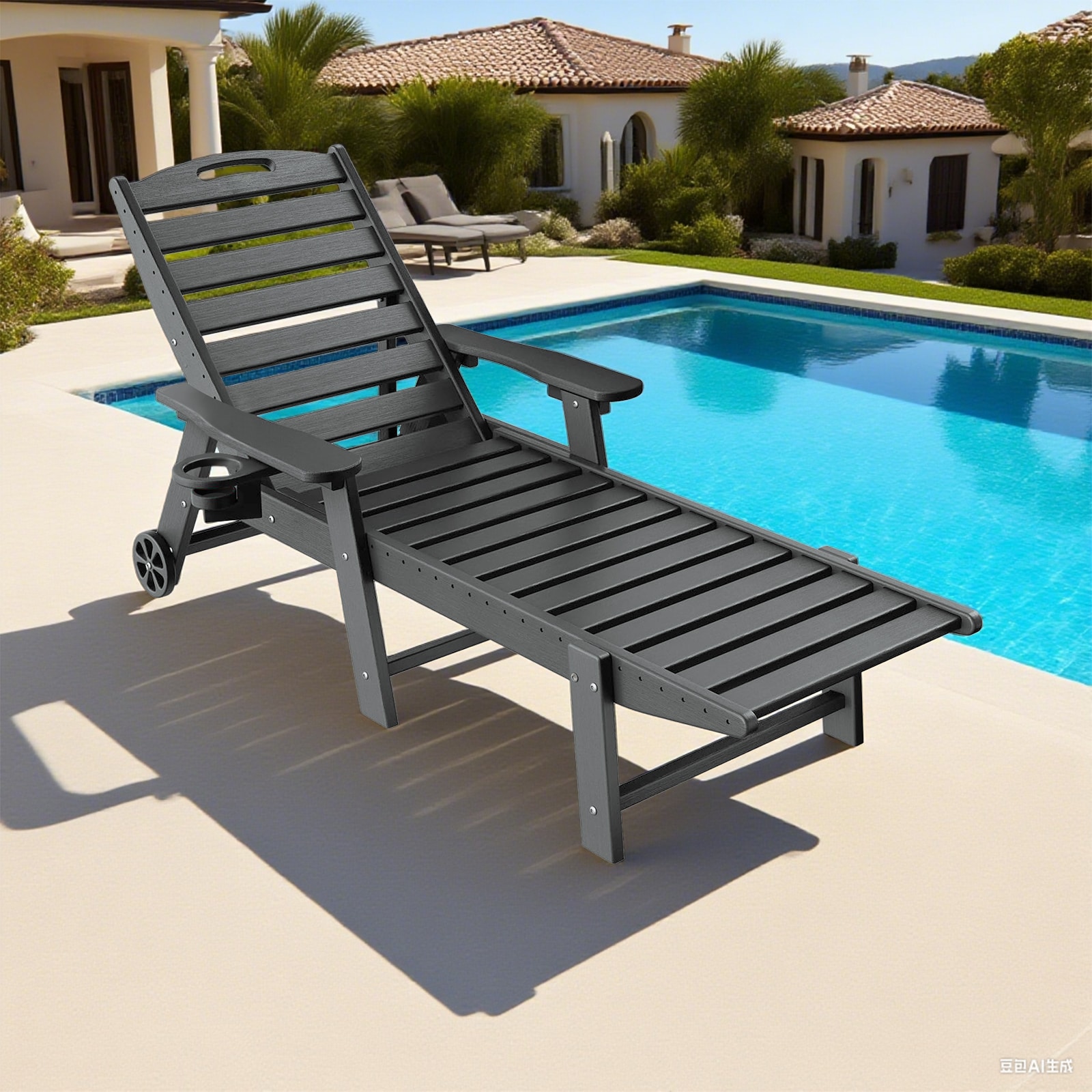 Upland Lounge Chair Ourdoor with 6-Position Adjustable Back, HDPE Patio Chaise with Wheels and Cup Holder Grey HDPE Frame Stationary Chaise Lounge Chair with Woven Seat - Image 7