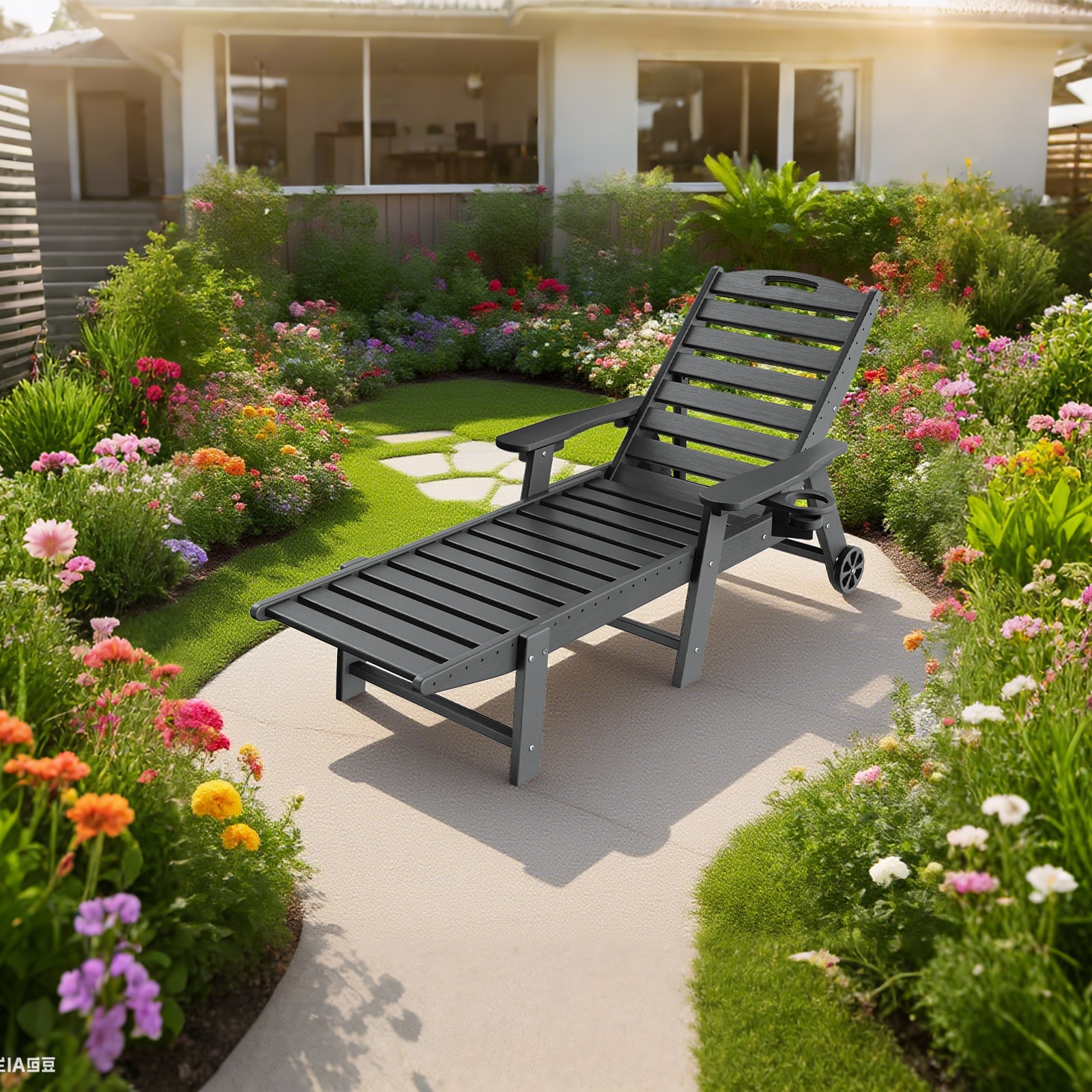 Upland Lounge Chair Ourdoor with 6-Position Adjustable Back, HDPE Patio Chaise with Wheels and Cup Holder Grey HDPE Frame Stationary Chaise Lounge Chair with Woven Seat - Image 2