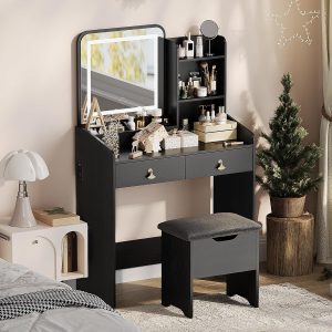 Garvee  Black Vanity Desk with LED Light Mirror and Storage Stool - Small Led Vanity with Chair - Small Makeup Vanities Set for Girls and Women