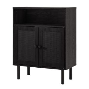 Etokfoks  Rattan Storage Cabinet Black 32 in H x 11.6 in W x 23.2 in D Double Door Boho Accent Sideboard with Shelves for Hallway Kitchen Entryway 1 Piece