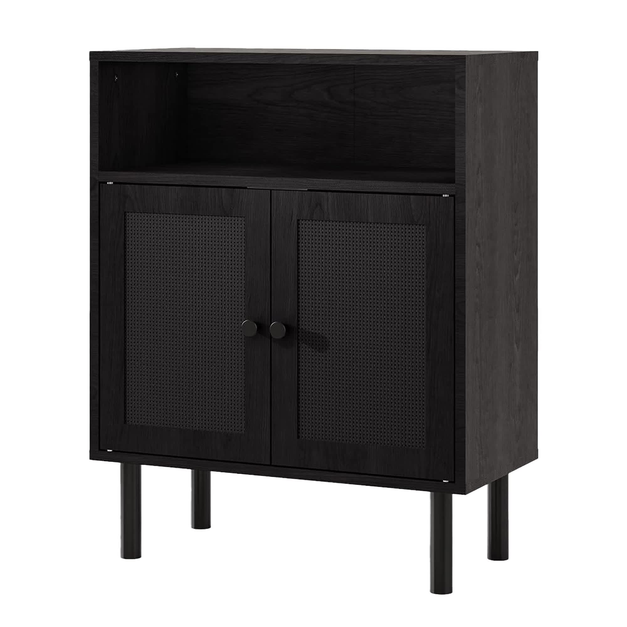 Etokfoks Rattan Storage Cabinet Black 32 in H x 11.6 in W x 23.2 in D Double Door Boho Accent Sideboard with Shelves for Hallway Kitchen Entryway 1 Piece