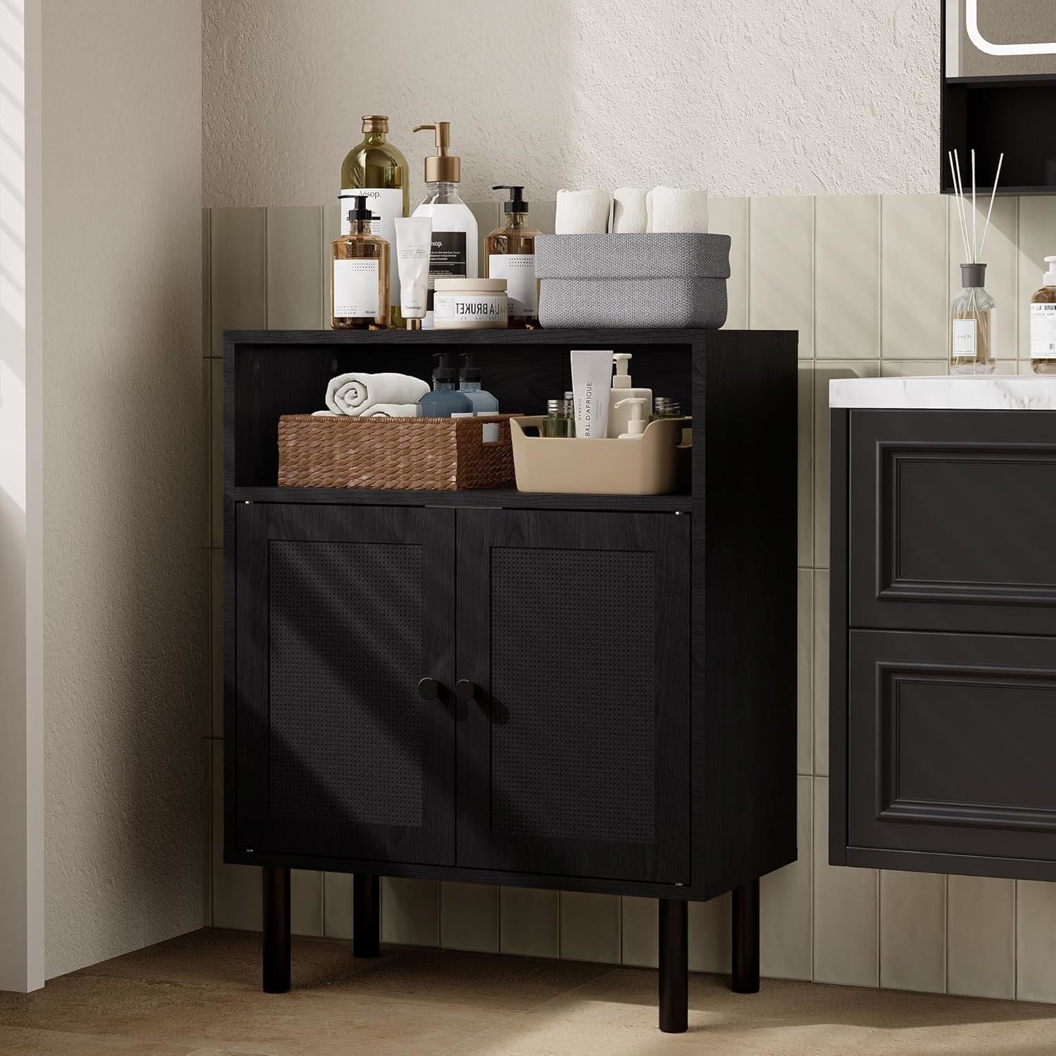 Etokfoks Rattan Storage Cabinet Black 32 in H x 11.6 in W x 23.2 in D Double Door Boho Accent Sideboard with Shelves for Hallway Kitchen Entryway 1 Piece - Image 6