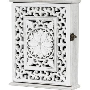 Etokfoks  Wooden Key Holder for Wall 1 Piece Rustic White Key Cabinet with 6 Double Metal Hooks Decorative Key Rack for Entryway Hallway