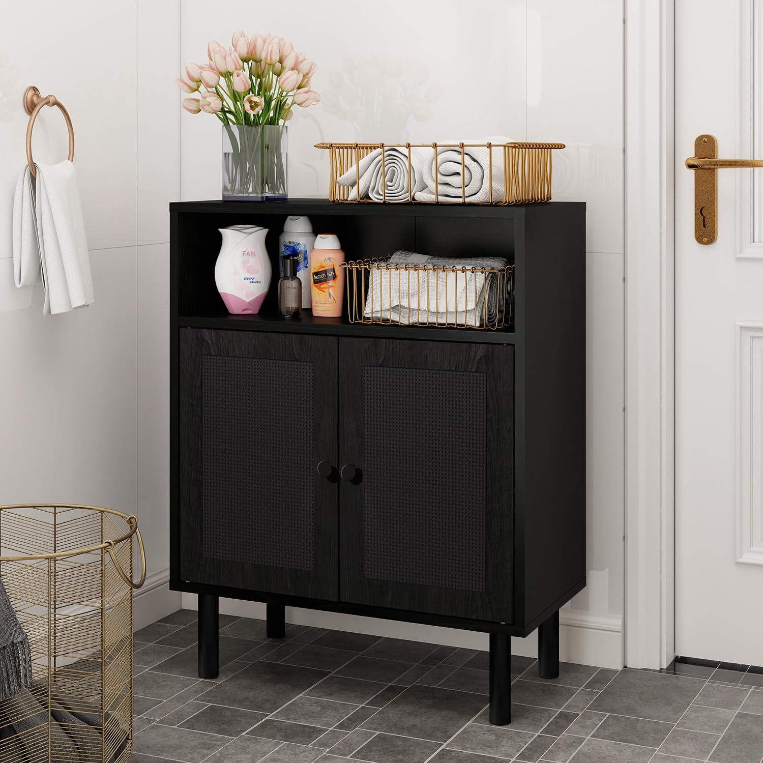 Etokfoks Rattan Storage Cabinet Black 32 in H x 11.6 in W x 23.2 in D Double Door Boho Accent Sideboard with Shelves for Hallway Kitchen Entryway 1 Piece - Image 8