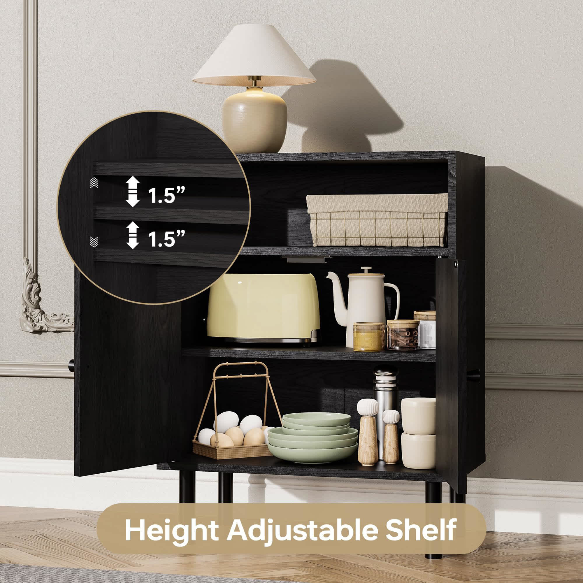 Etokfoks Rattan Storage Cabinet Black 32 in H x 11.6 in W x 23.2 in D Double Door Boho Accent Sideboard with Shelves for Hallway Kitchen Entryway 1 Piece - Image 4