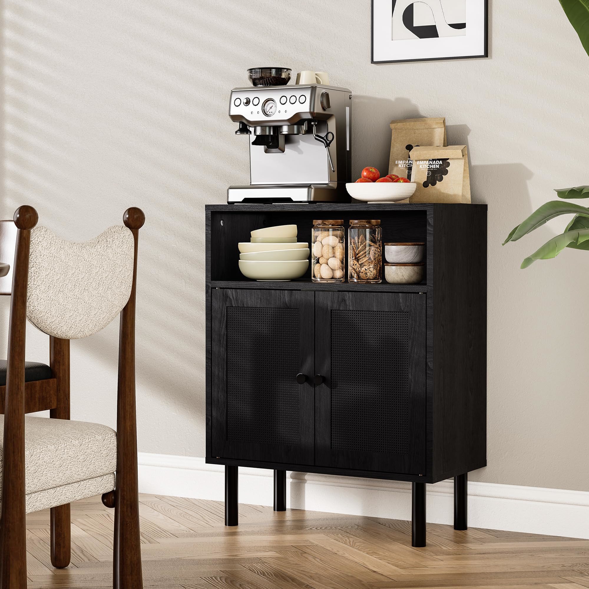 Etokfoks Rattan Storage Cabinet Black 32 in H x 11.6 in W x 23.2 in D Double Door Boho Accent Sideboard with Shelves for Hallway Kitchen Entryway 1 Piece - Image 7
