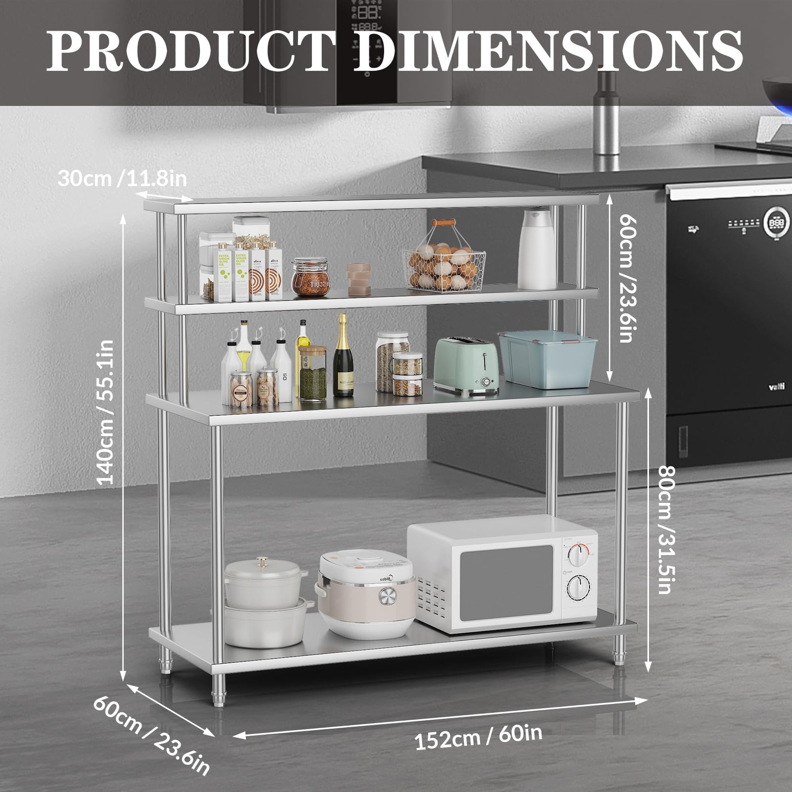 Garvee Heavy-Duty 4-Tier Stainless Steel Workbench with Overshelves and Adjustable Under Shelf 60x24 inch Prep Table for Industrial Commercial and Research Applications - Image 3