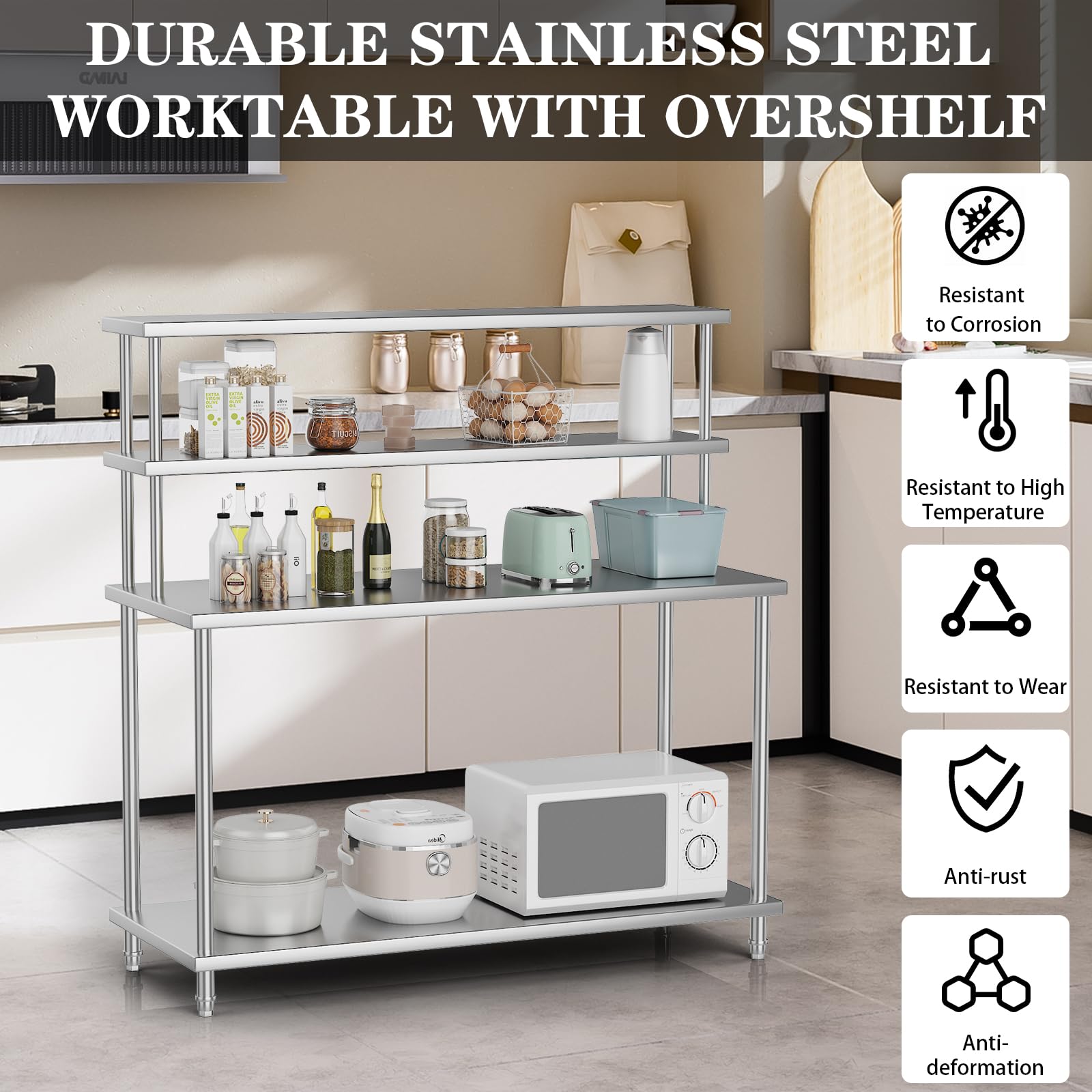 Garvee Heavy-Duty 4-Tier Stainless Steel Workbench with Overshelves and Adjustable Under Shelf 60x24 inch Prep Table for Industrial Commercial and Research Applications - Image 4
